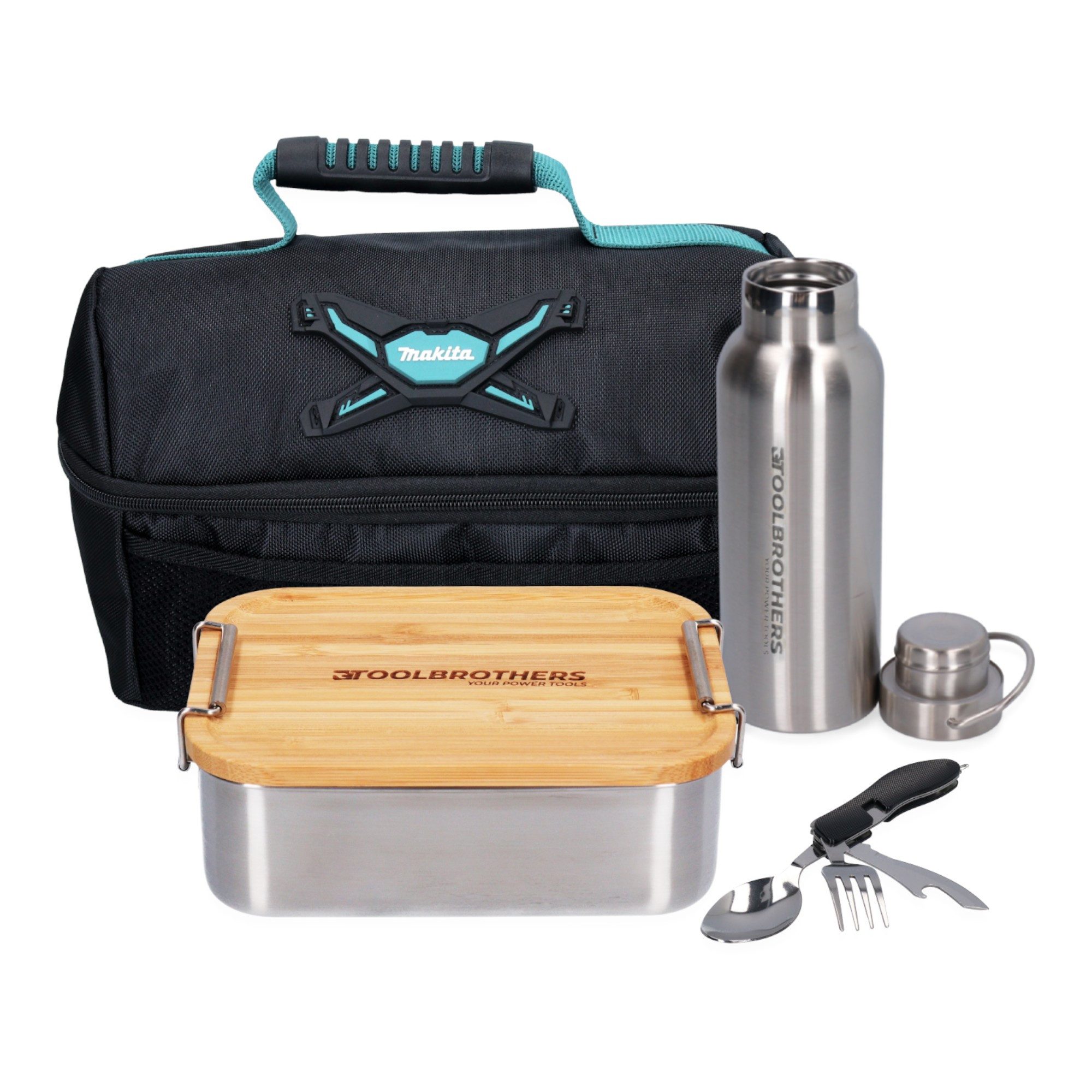 Toolbrothers Werkzeugkoffer Fan Lunchpaket in Makita Kühltasche mit Edelstahl Brotdose mit Bambus