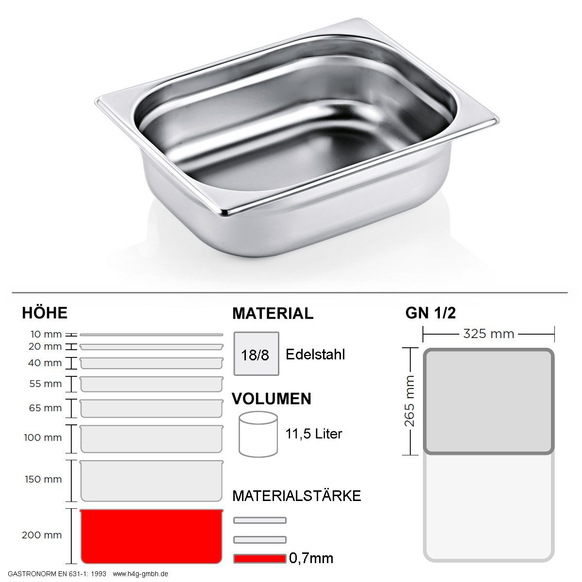 WAS Thermobehälter Gastronorm Behälter GN 1/2 - 200mm - GN90 - 18/8 Edelstahl - 0,7mm, Edelstahl