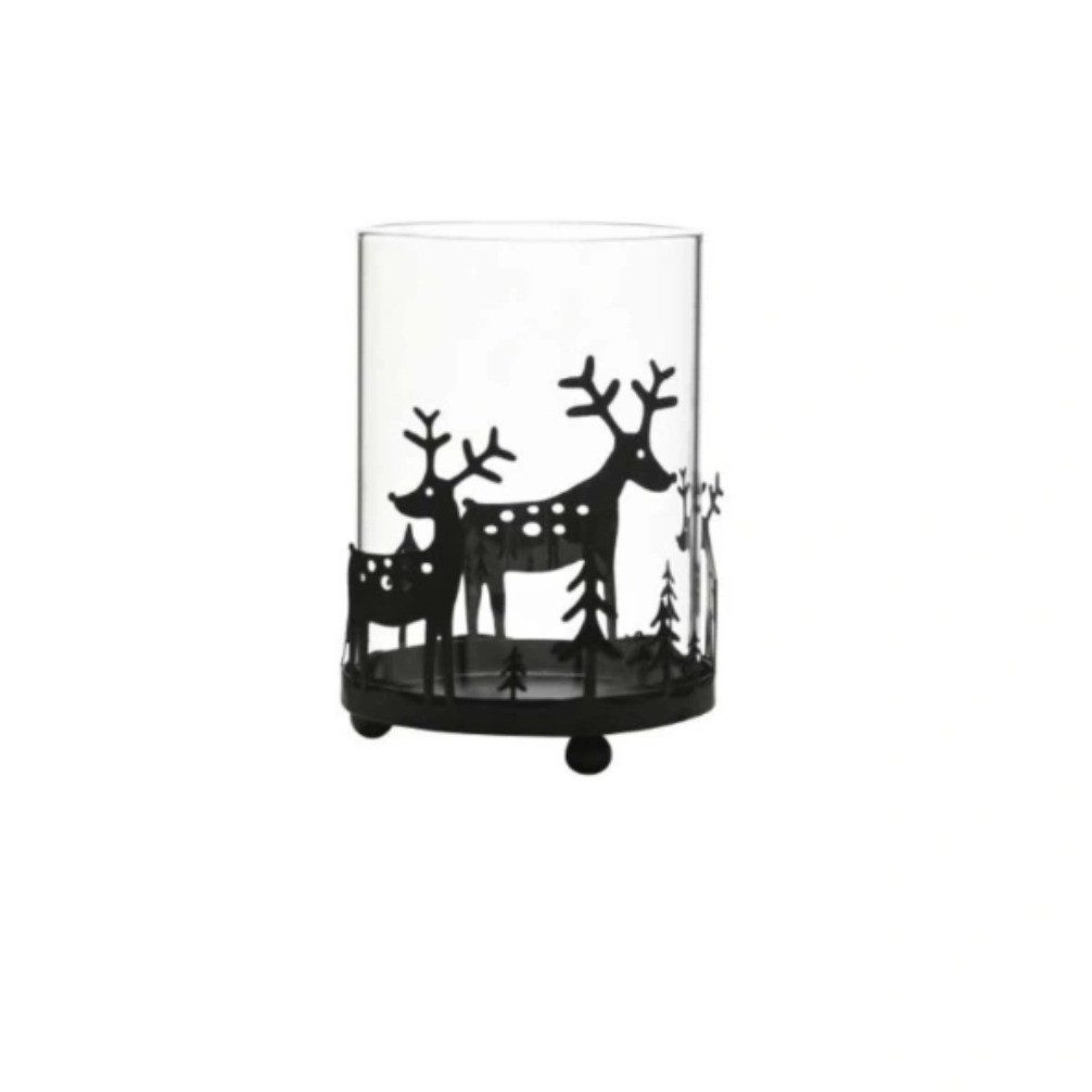 Windlicht Hirsch aus Metall mit Glaseinsatz schwarz D8cm