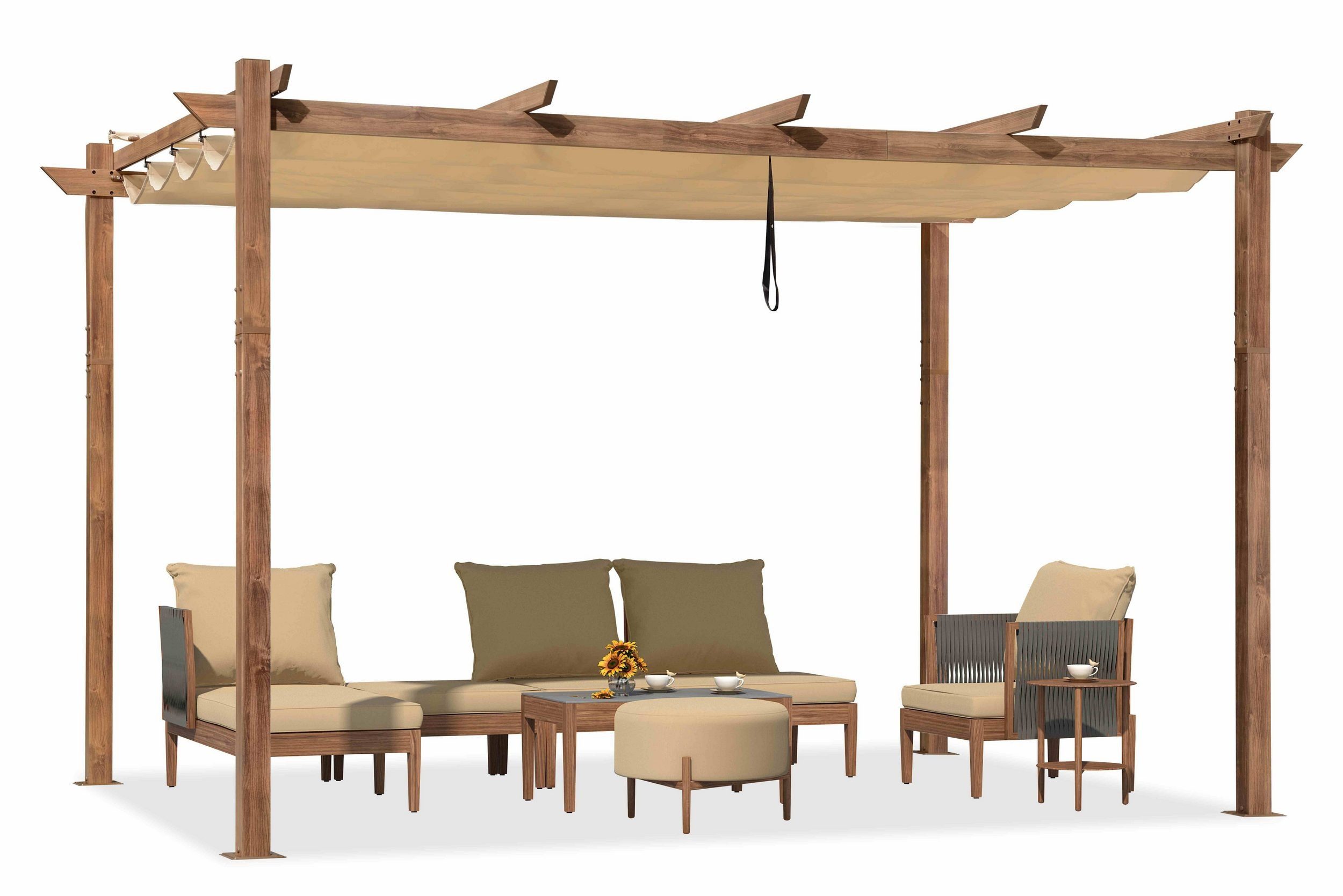 PURPLE LEAF Pergola Holzoptik Pavillon mit einziehbarem Dach, Alu Terrassenüberdachung, BxTxH: 400x300x245 cm, (Komplettes Set, Freistehende Pergola mit manuellem Schiebedach), Gartenpavillon Stabil & Winterfest, Terrasse, Balkon