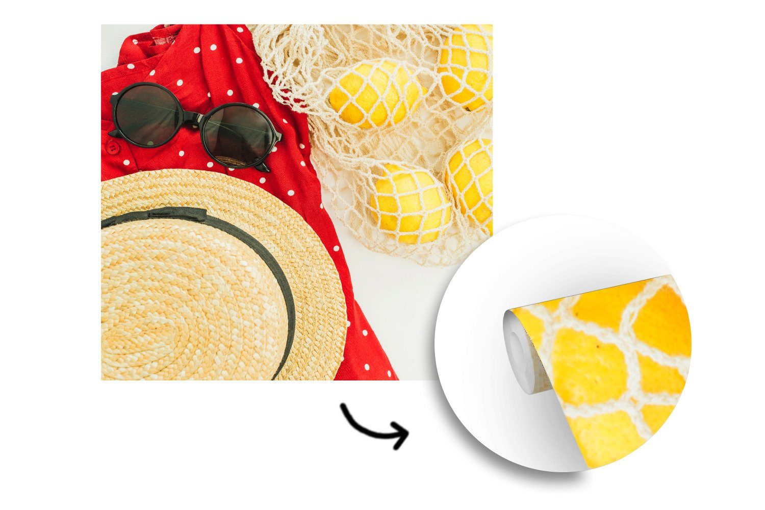 Zitrone, Matt, - Tapete Hut Sonnenbrille Vinyl Fototapete oder MuchoWow bedruckt, Wohnzimmer Schlafzimmer, für Wandtapete (5 - St),