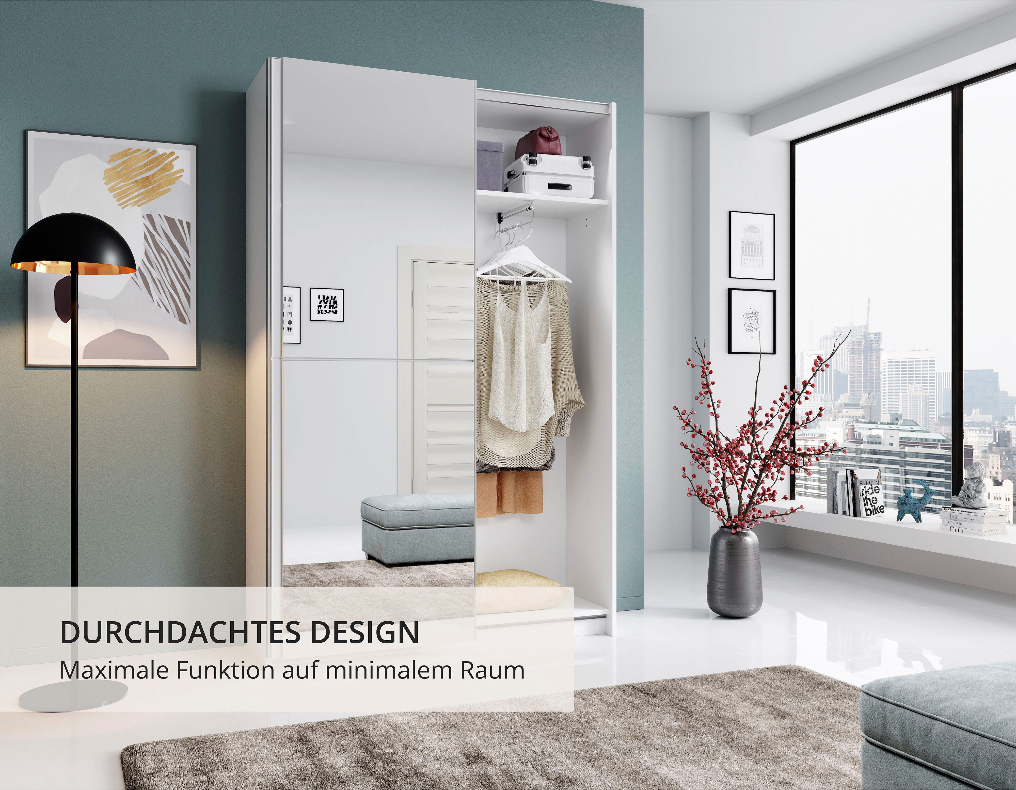 Schlafkontor Schwebetürenschrank Heimo/Fast Schrank Kleiderschrank Garderobe geringe Tiefe, ausziehbarer Kleiderstange, Garderobenschrank, 6 Böden