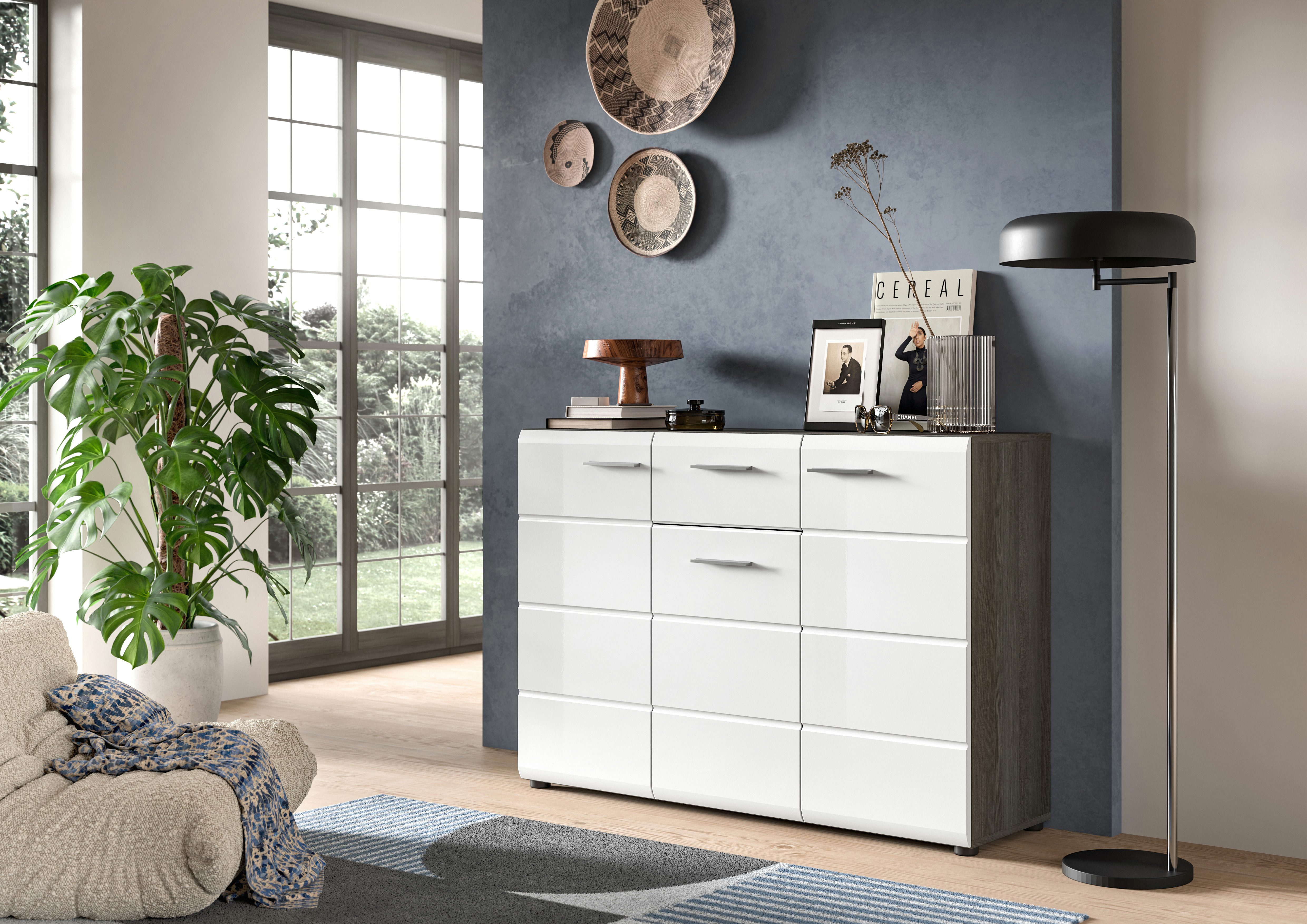 INOSIGN Sideboard Rumba, Breite 120cm, in Rauchsilber Nachbildung/Weiß Hochglanz, Kommode, Sideboard, Schrank