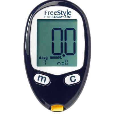 Abbott Blutzuckermessgerät FreeStyle Freedom Lite Blutzuckermessgerät-Set mg/dl oder mmol/l, Langzeitüberwachung mit 400 Messwerten, Schnelle Messzeit von 5 Sekunden, Biosensor für Glukosemessung, Nahezu schmerzfreie Messung