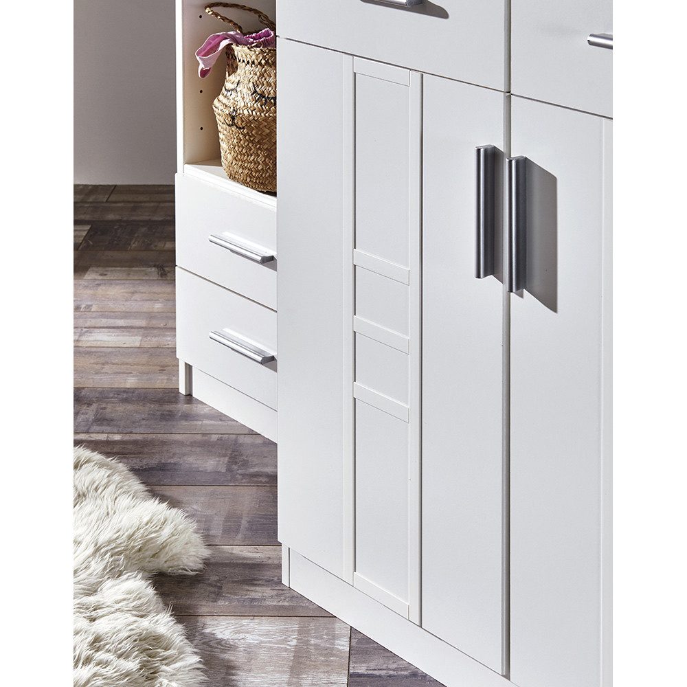 Lomadox Baby Room Complete Set BEELEN-43 (6-piece set: 1 wardrobe, 1 chest of drawers, 1 under-bed shelf, 1 bed, 1 drawer, 1 shelf), white, wardrobe, crib, changing table with shelf, decorative shelf