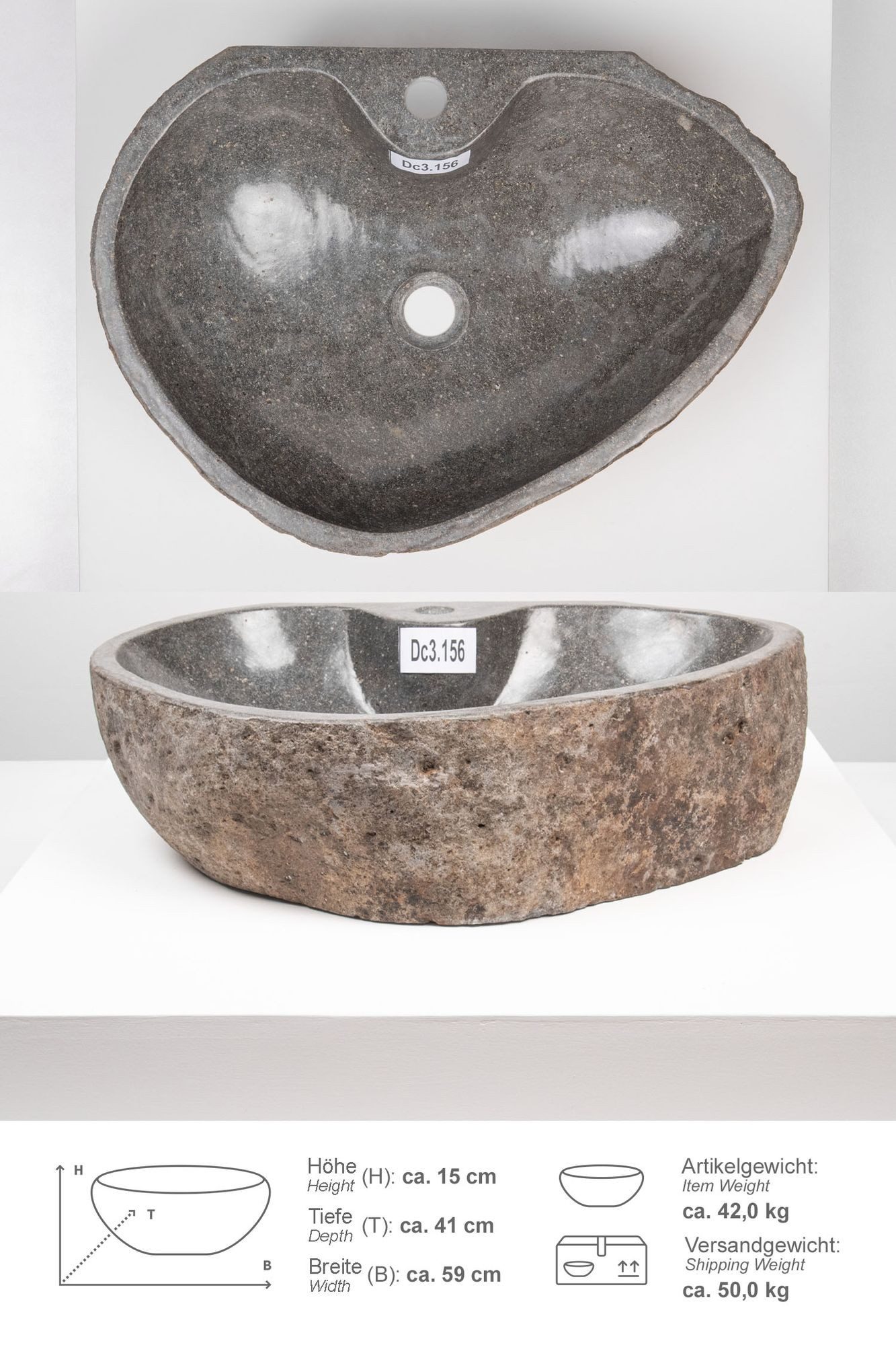 wohnfreuden Aufsatzwaschbecken Natursteinwaschbecken 60 cm mit Hahnloch (Kein Set), 682_Dc3.156