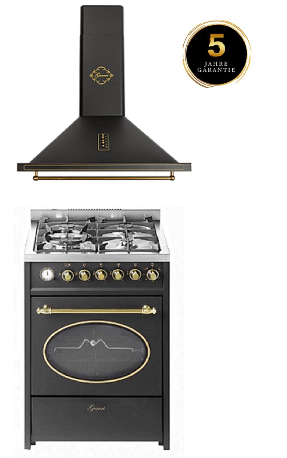 GURARI Gas-Standherd GCH G 614 BL+GCH 975 Bl 6 + 5 Jahres Garantie, mit 1-fach-Teleskopauszug, Gas Standherd 60 cm /55 L+Retro Dunstabzugshaube 60cm, 850m³/h