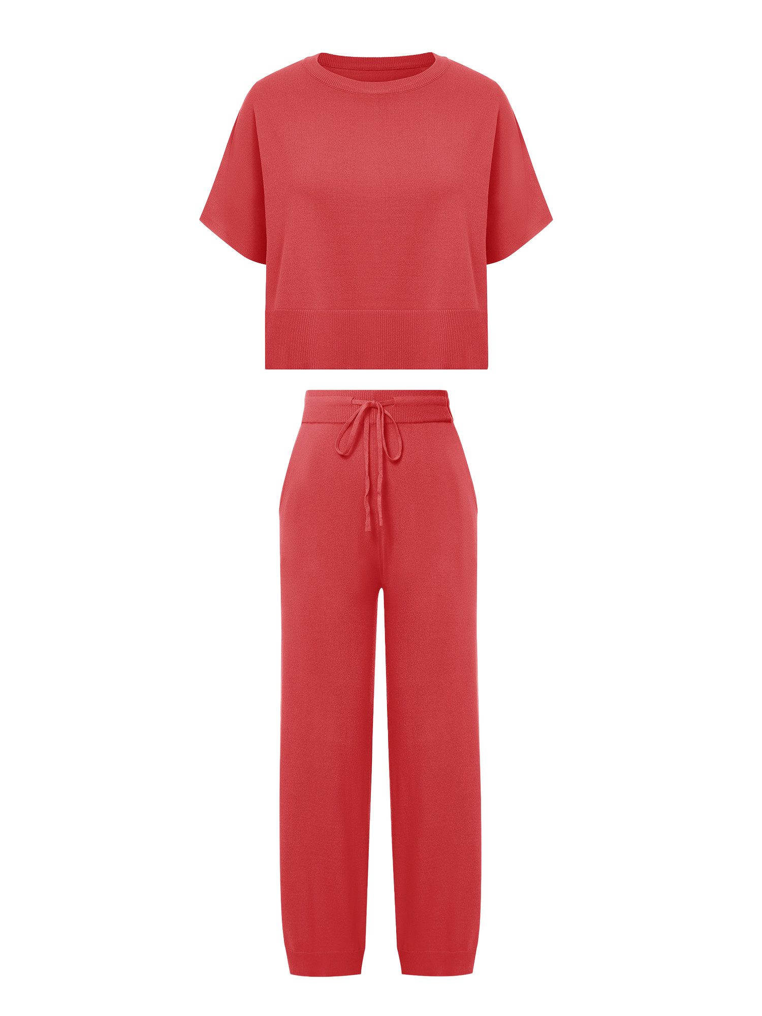 Imily Bela Hausanzug Damen 2-teilige Pullover-Sets (Set, 2 tlg., Strick-Crop-Tops mit Schlitz + High-Waist-Hosen) Volltonfarbe