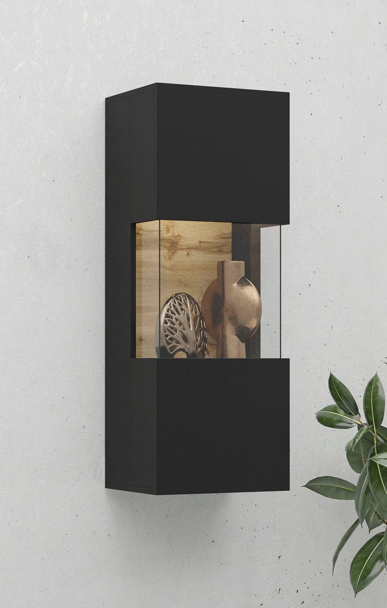 Helvetia Hängevitrine Ava Höhe | mit 95 cm Seitenverglasung votan schwarz schwarz matt/eichefarben