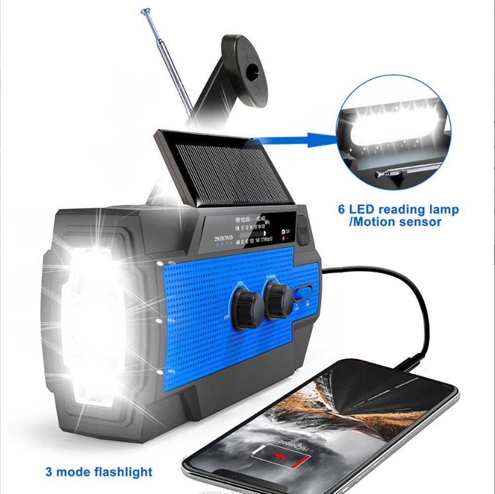 (Digitalradio Camping und Batterie für Notfall) Modi Mit SOS-Alarm autolock Taschenlampe Digitalradio Radio,AM/FM Tragbar Kurbelradio (DAB) 4 4000mAh Solar für Notfallradio Blau LED USB (DAB),