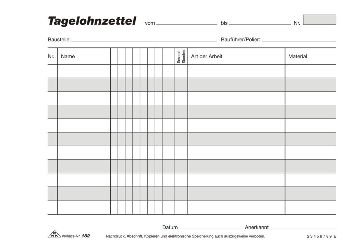 Formularblock Tagelohnzettelblock A5 quer 3x40 Blatt selbstdurchschreibend