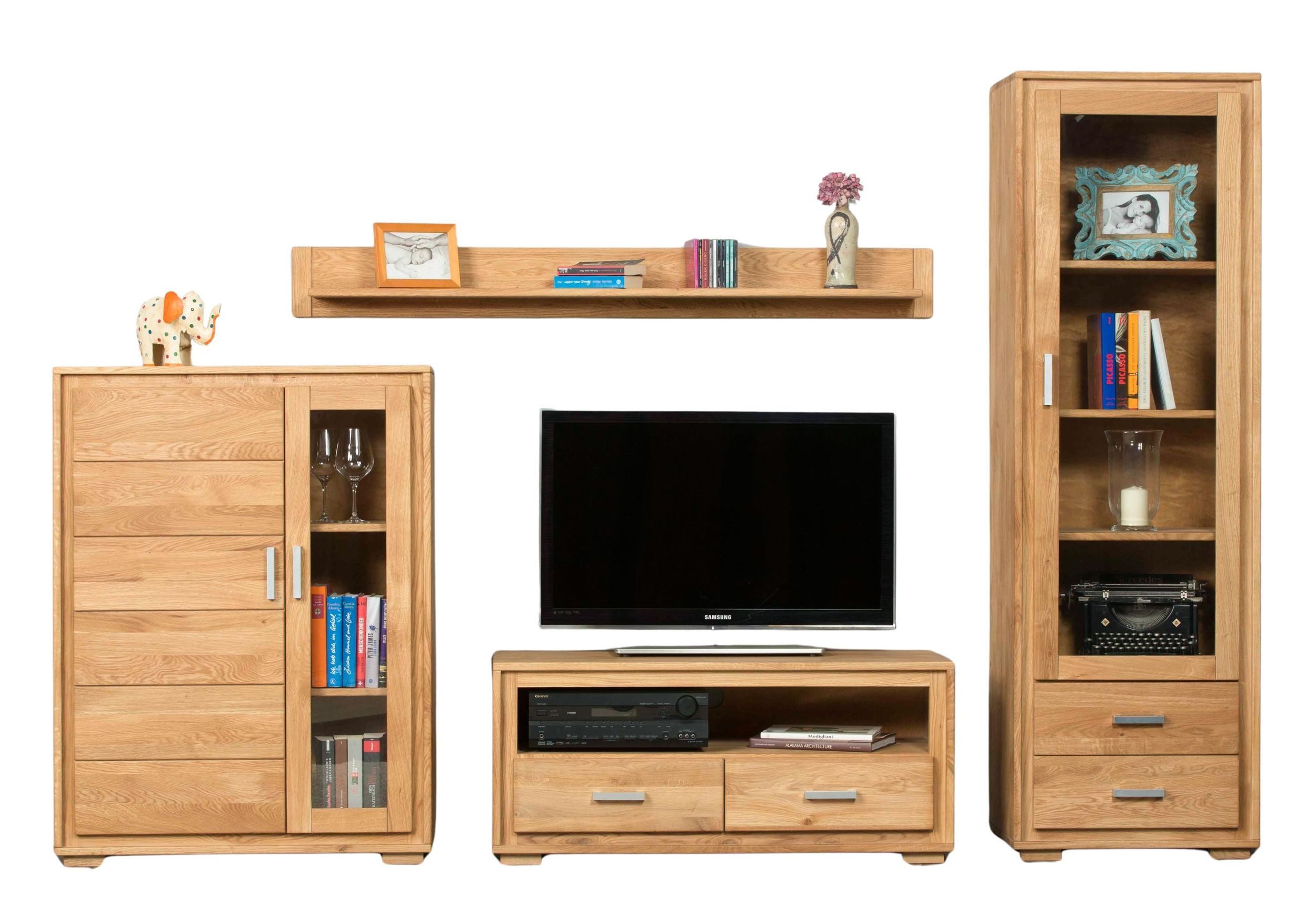 Trendmöbel24 Wohnwand Wohnzimmerschrank Basel Set IX 4-teilig Wildeiche Massivholz, (Komplett-Set, 4-St., Vitrine, Lowboard, Halb-Vitrine, Wandboard)