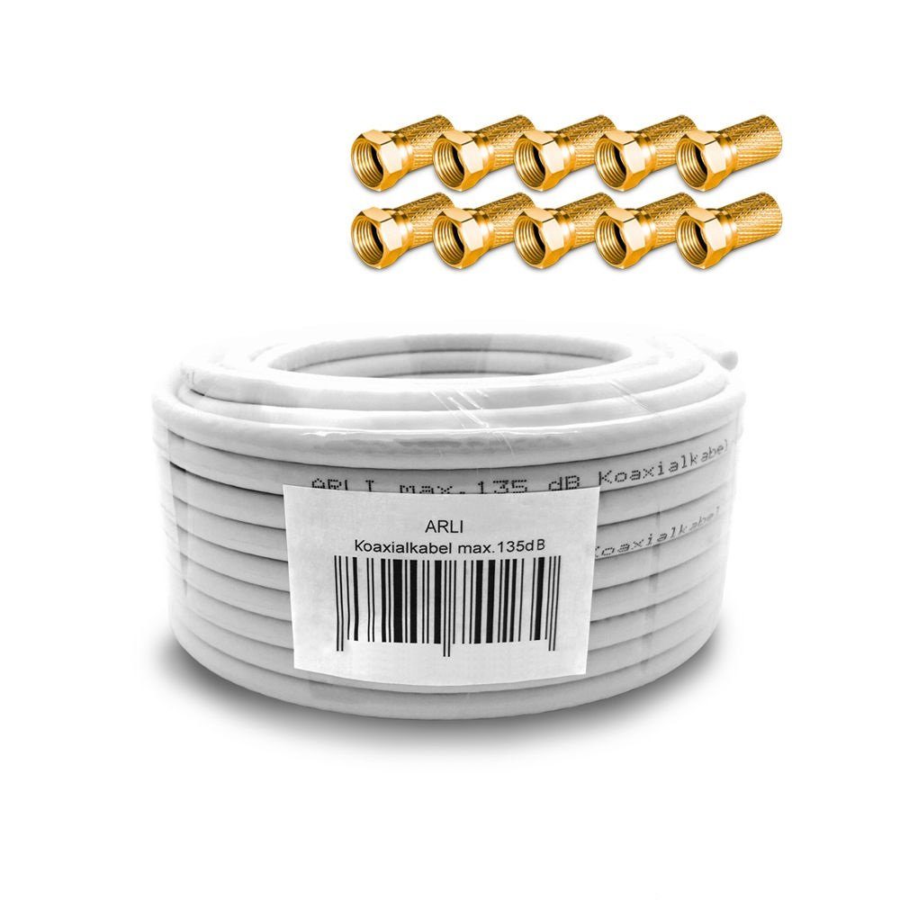 ARLI 50m Koaxialkabel – max. 135 dB + 10x F-Stecker vergoldet TV-Kabel, F Stecker, Sat (5000 cm), 50 m TV Sat Koax Antennen Kabel 5-fach geschirmt Verlegekabel Set