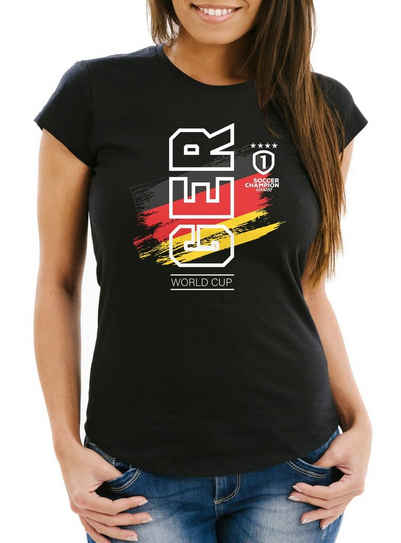MoonWorks Print-Shirt Damen Fan-Shirt Deutschland WM 2018 Fußball Weltmeisterschaft Trikot Flagge T-Shirt Fußball-Shirt Deutschland-Shirt Fan-Trikot Deutschland-Trikot Moonworks® mit Print