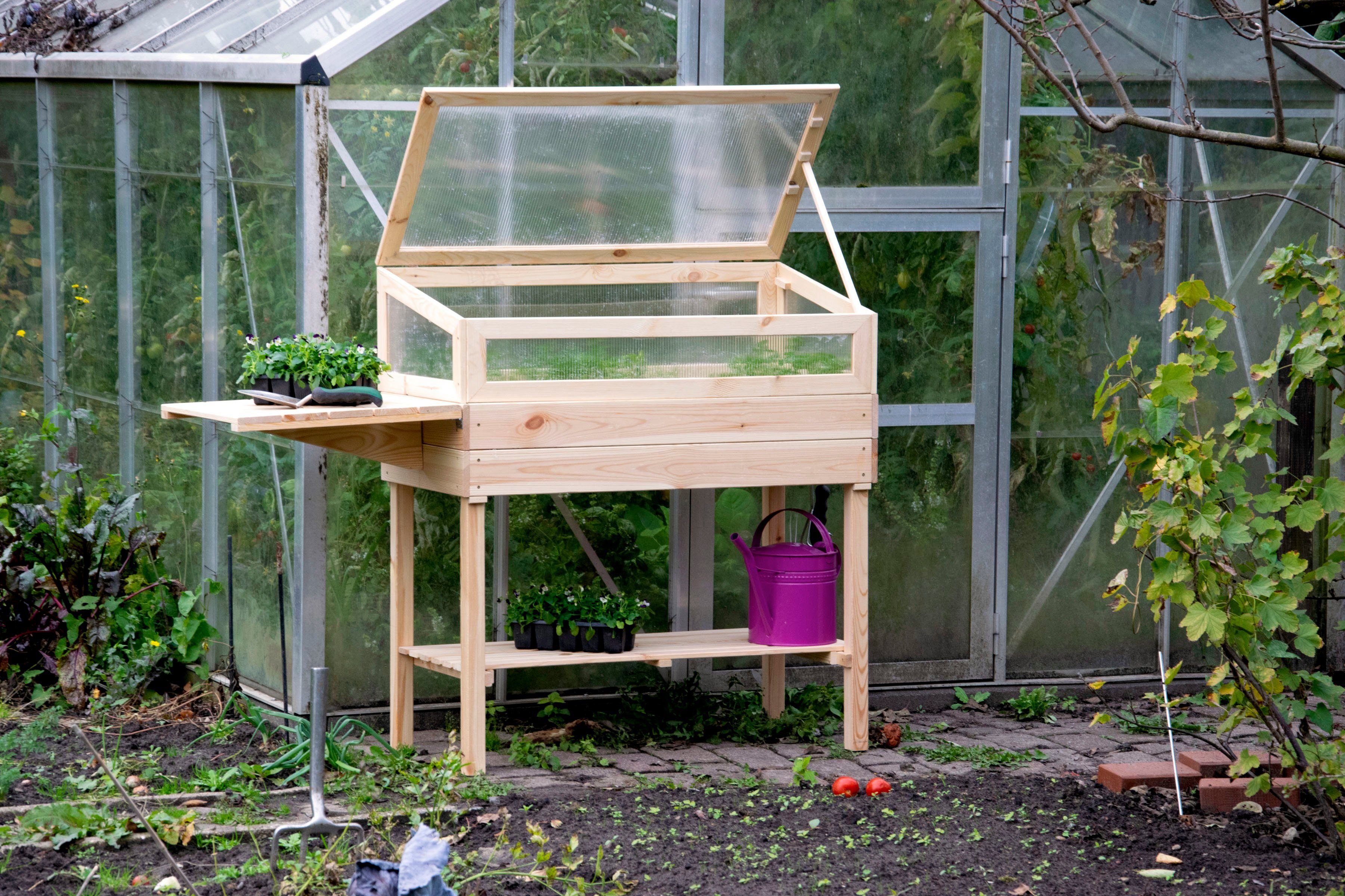 dobar Hochbeet, erhöhtes Frühbeet mit Tisch & Haken, Gr. L, transparent, Kiefer