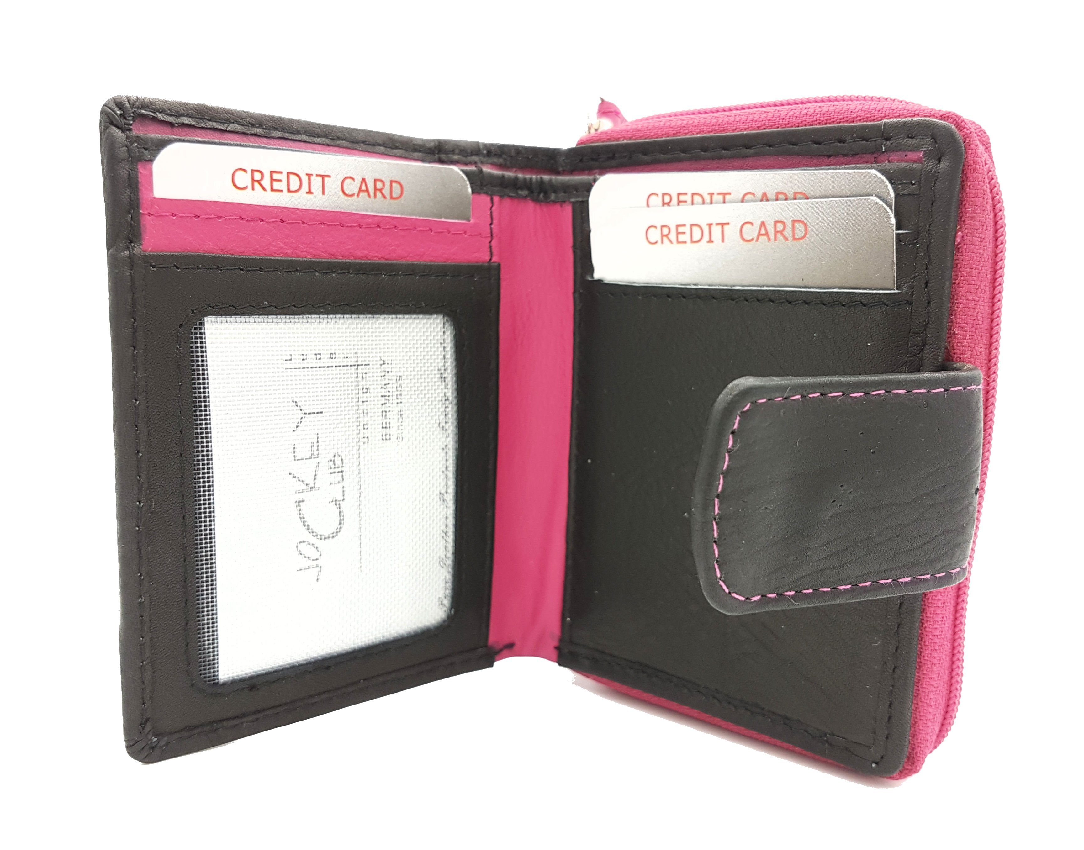 Damen JOCKEY Portemonnaie Mini mit mit kleines Schutz RFID "Loop", Reißverschlussmünzfach Leder CLUB Geldbörse echt Pink Stickerei,