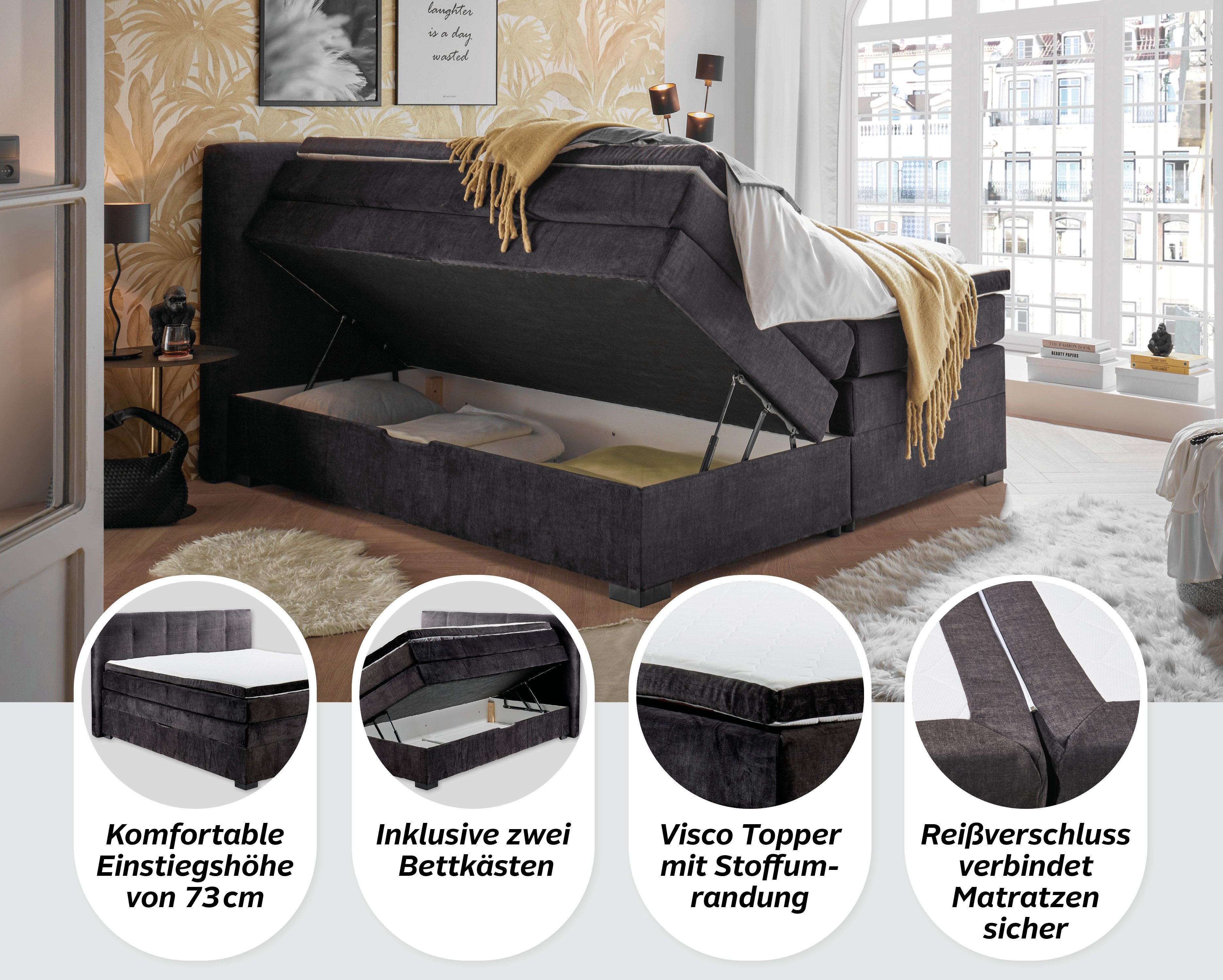 ED EXCITING DESIGN Boxspringbett Fanes mit Komforteinstiegshöhe von 73cm, erhältlich in 180x200cm, inkl. Bettkasten und 7cm Visco-Topper