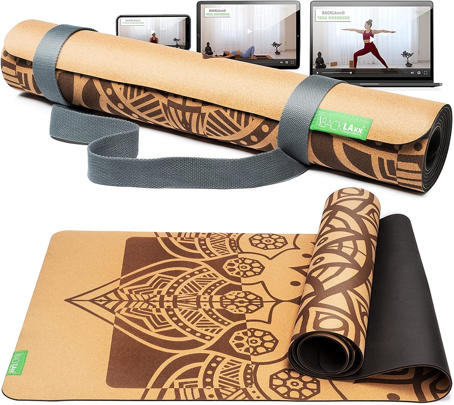 BACKLAxx® Yogamatte aus hochwertigem Kork, Gymnastikmatte 183 x 61 x 0,6 cm (Fitnessmatte aus Kork, inkl. Tragegurt & Videokurs), 4 mm stark, aus natürlichen Rohstoffen, mit Antirutschzonen