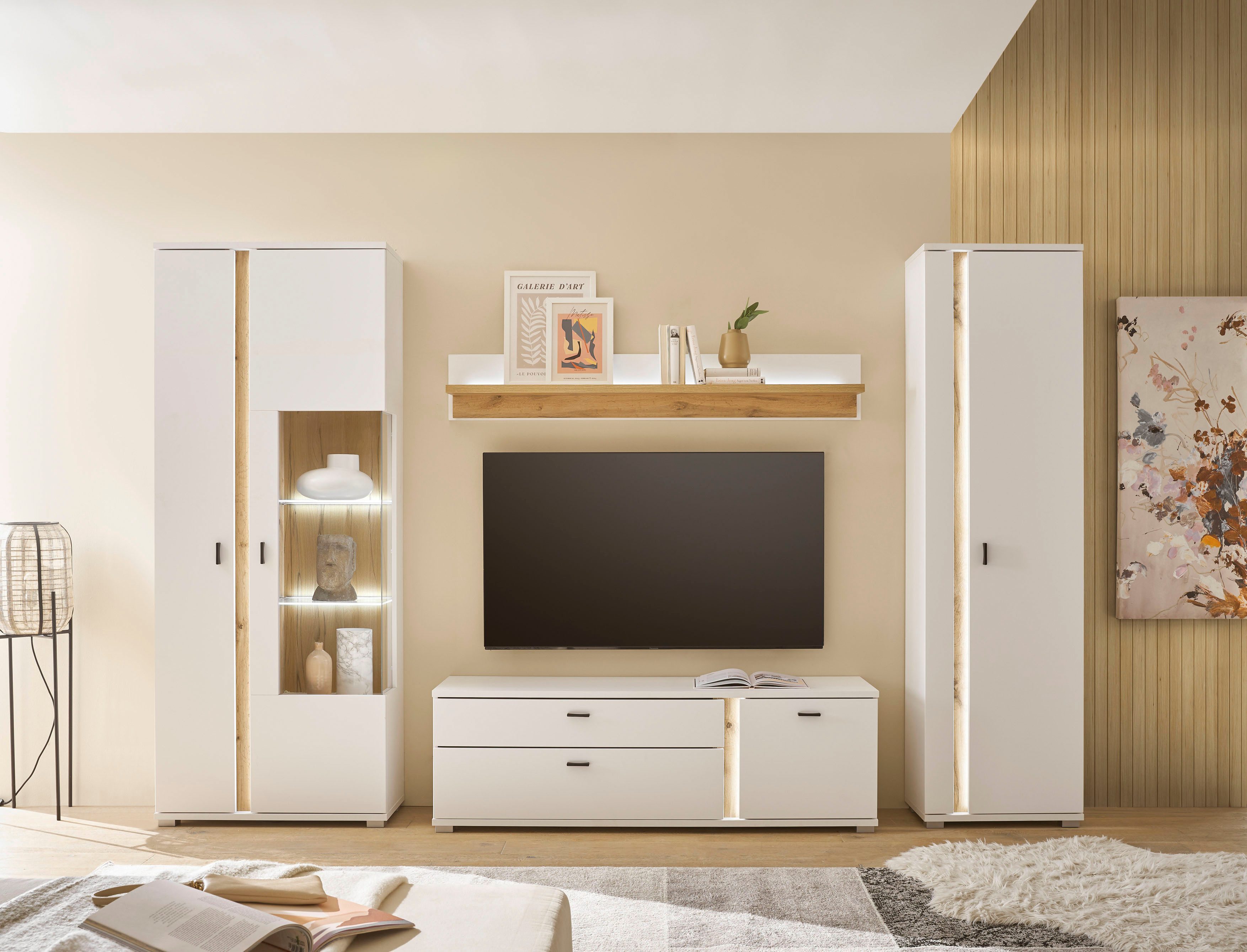 Home affaire Wohnwand LONG ISLAND, (Set, 4-St), in moderner Trendfarbe,inklusive senkrechter Beleuchtung,Breite 305 cm