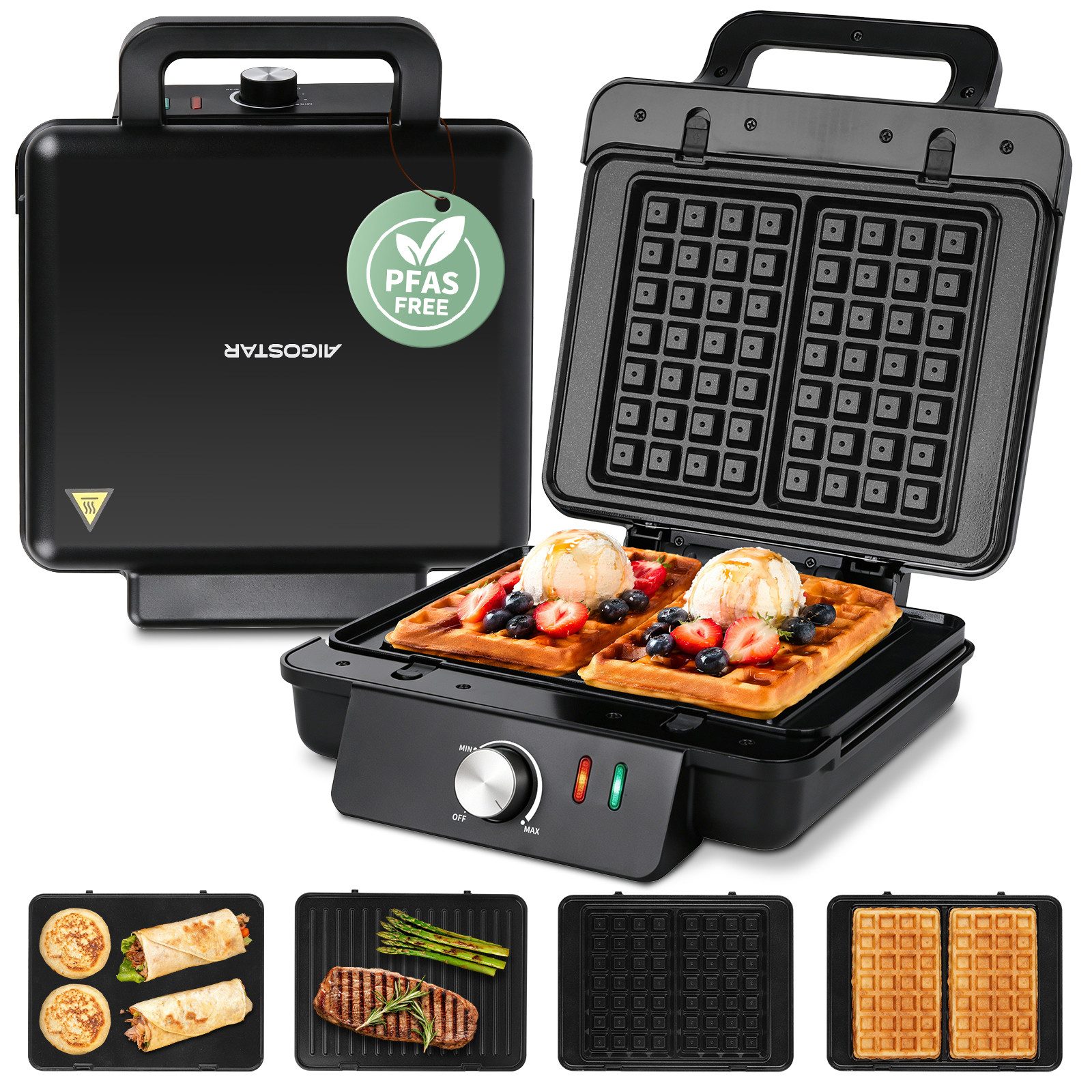 Aigostar 3-in-1-Kombi-Waffeleisen Waffeleisen, Kontaktgrill & Sandwichmaker, keram.Antihaftbeschichtung, 1500 W, einstellbare Temperatur, Multifunktionsgerät mit abnehmbaren Platten
