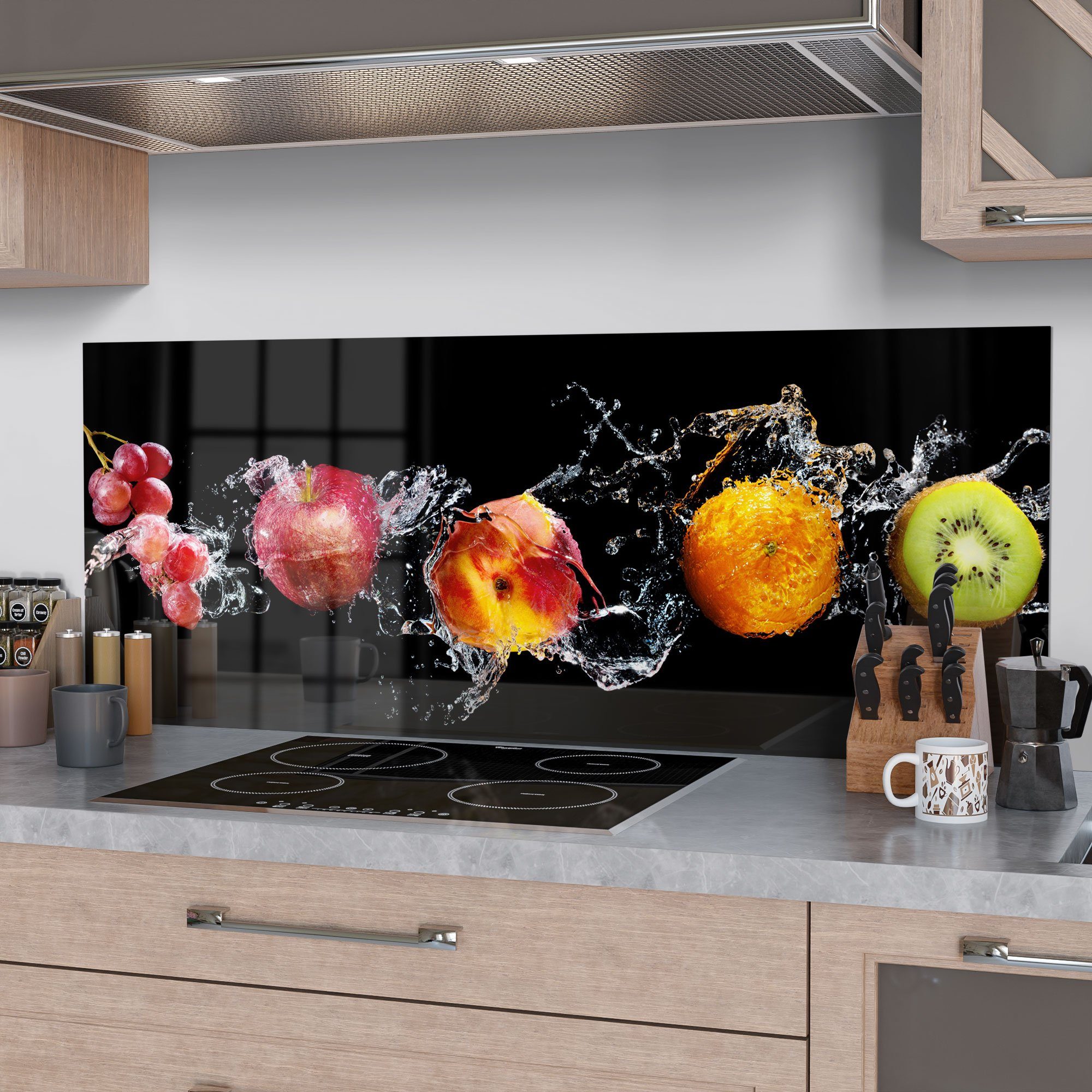abwaschen', DEQORI Glas Badrückwand Spritzschutz Küchenrückwand Herdblende 'Obst