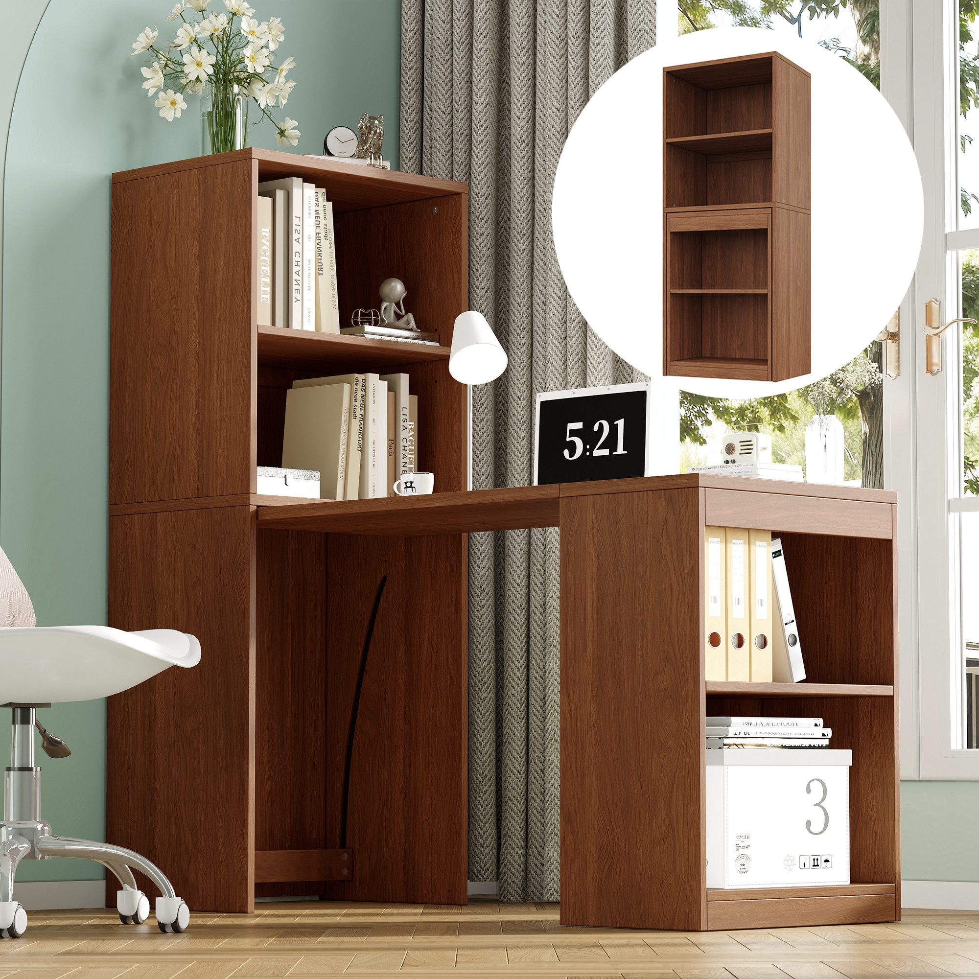 Flieks Regal-Schreibtisch L-Form multifunktionaler Klapptisch mit Rollen&Bücherregal 2-in-1 (Tischplatte: 90x51 cm, Standregal: 55x40x137 cm, Gesamtlänge 130 cm, 1-St., mit verstellbarer Einlegeböden), Computertisch Eckschreibtisch Bürotisch mit Stauraum Walnussholzfarbe