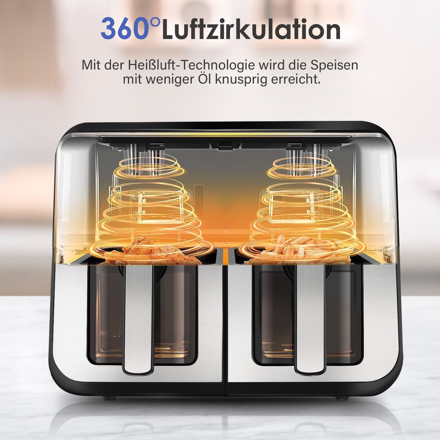 oyajia Heißluftfritteuse 9L Heißluftfritteuse RA930DSV XXL, 2 separat gesteuerte Garkammern, 2600,00 W, Touch Display, Sichtfenster, 8 Automatikprogramme/je 4,5 l pro Korb