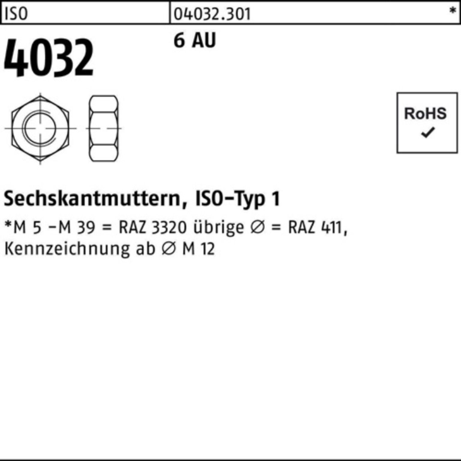 Bufab Muttern 100er Pack Sechskantmutter ISO 4032 M68 6 Automatenstahl 1 Stück ISO