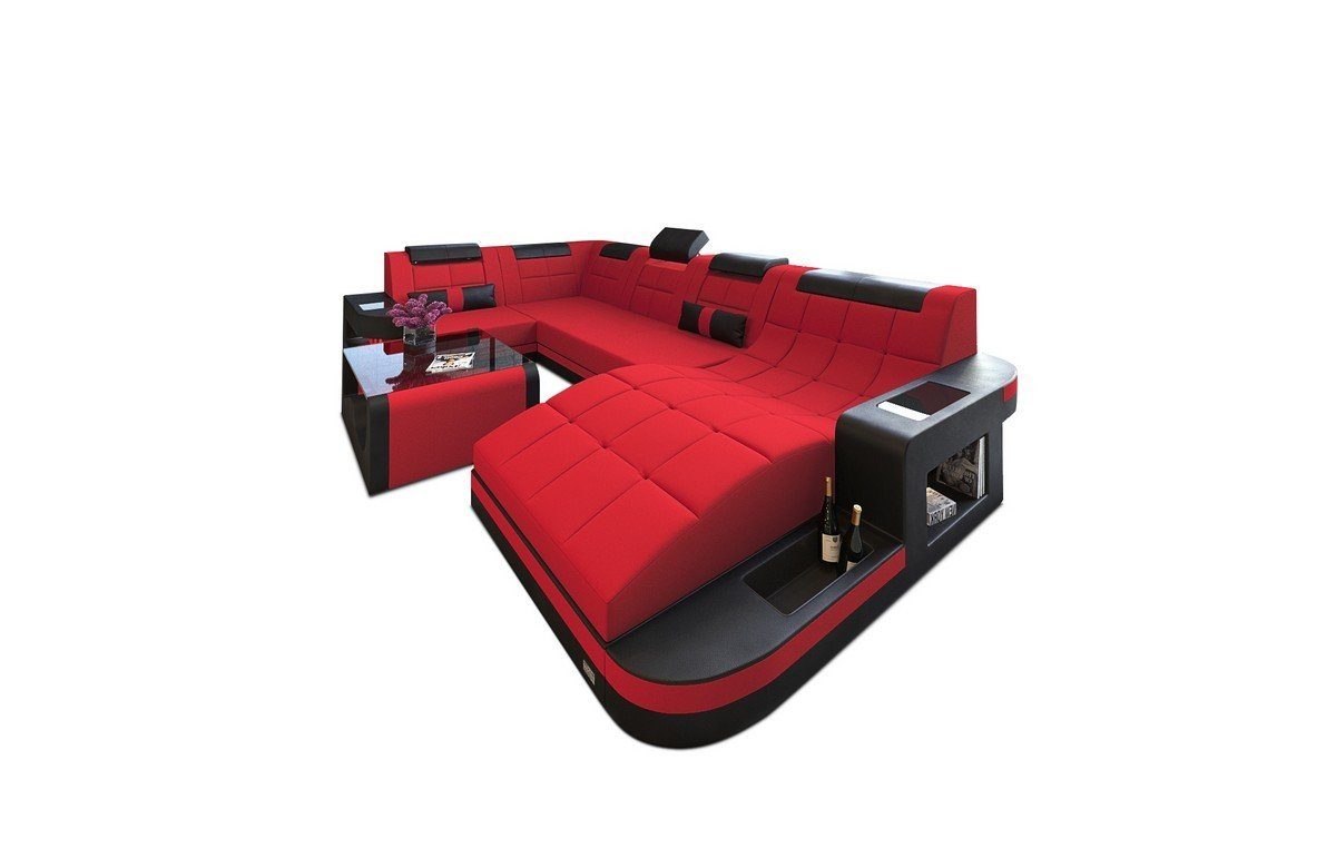 Sofa Wave M rot-schwarz Stoffsofa U Couch Bettfunktion Mikrofaser Polstersofa mit wahlweise Stoff, Form Dreams Wohnlandschaft