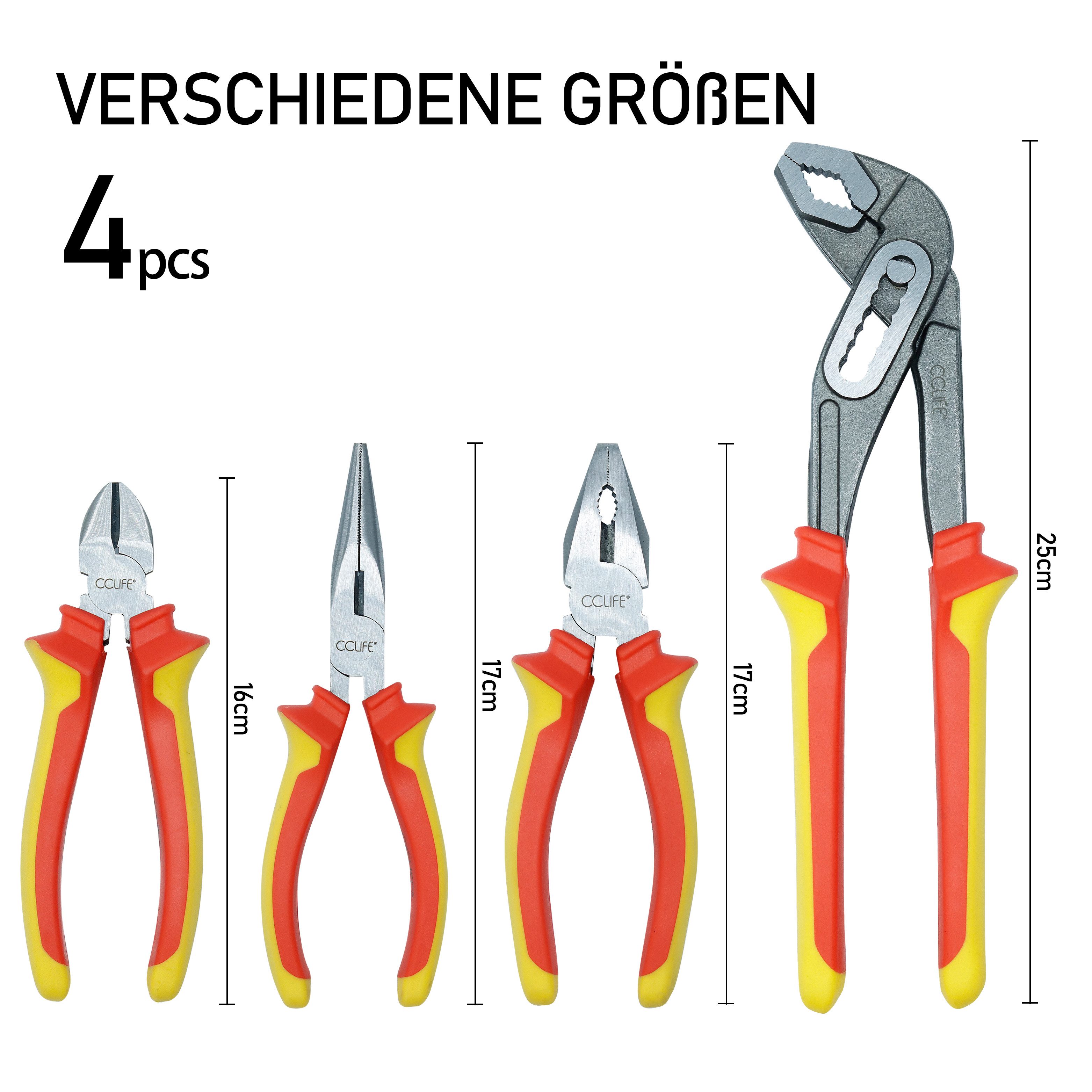 CCLIFE Zangenset Zangenset Werkzeugset CRV Stahl Viele Ausführungen, 4-tlg.