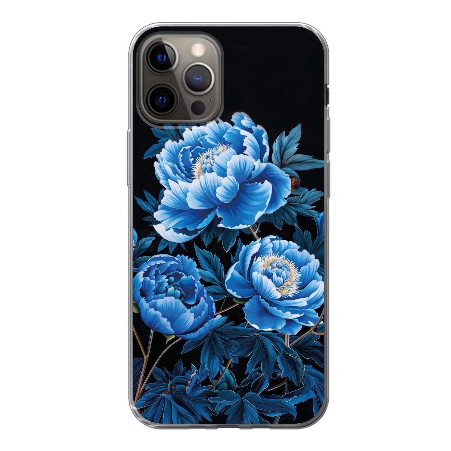 MuchoWow Handyhülle für Apple iPhone 13 Pro Blumen - Schwarz - Blau - Modern, Smartphone-Bumper, Print, Handy Schutzhülle Dünn