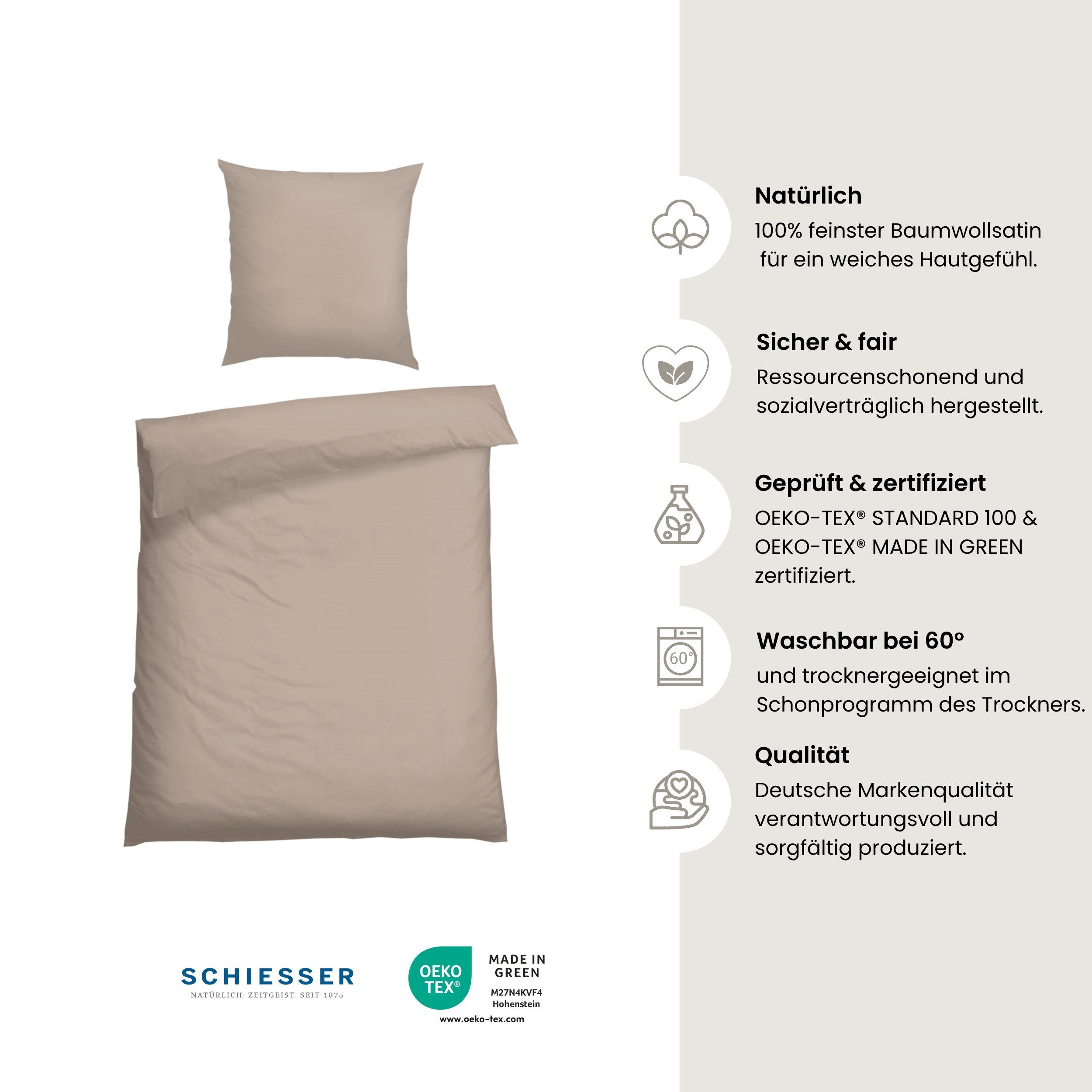 Schiesser Bettwäsche Ella seidenmattes Premiumbettwäscheset aus feinstem Baumwollsatin, Satin, 2 teilig, Made in Green