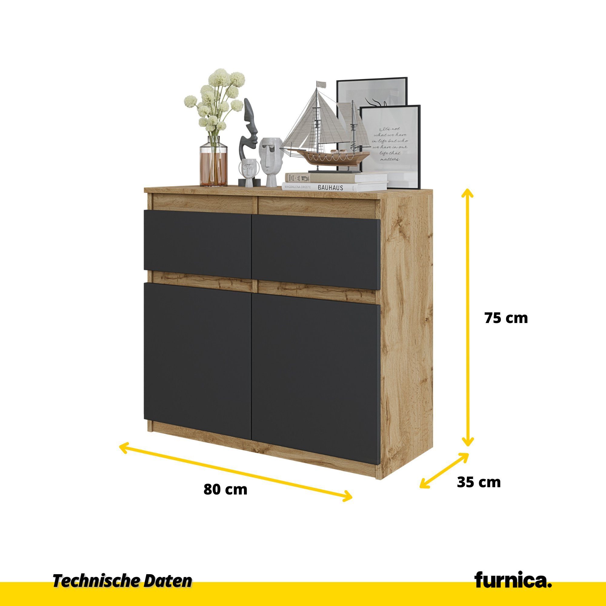 Furnica Kommode NOAH und T35cm B80cm 2 Votan Eiche/Anthrazit Grau - St) H75cm 2 Schubladen Votan Eiche Türen (1