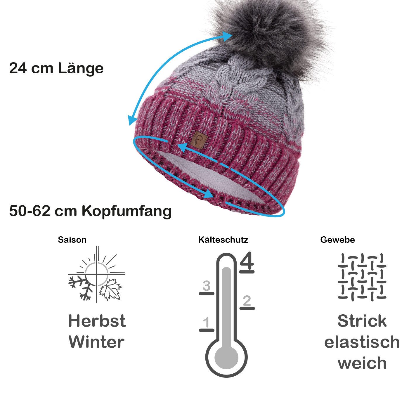 Faera Bommelmütze Wintermütze Damen Herren Mütze Beanie Haube gefüttert Bommelmütze