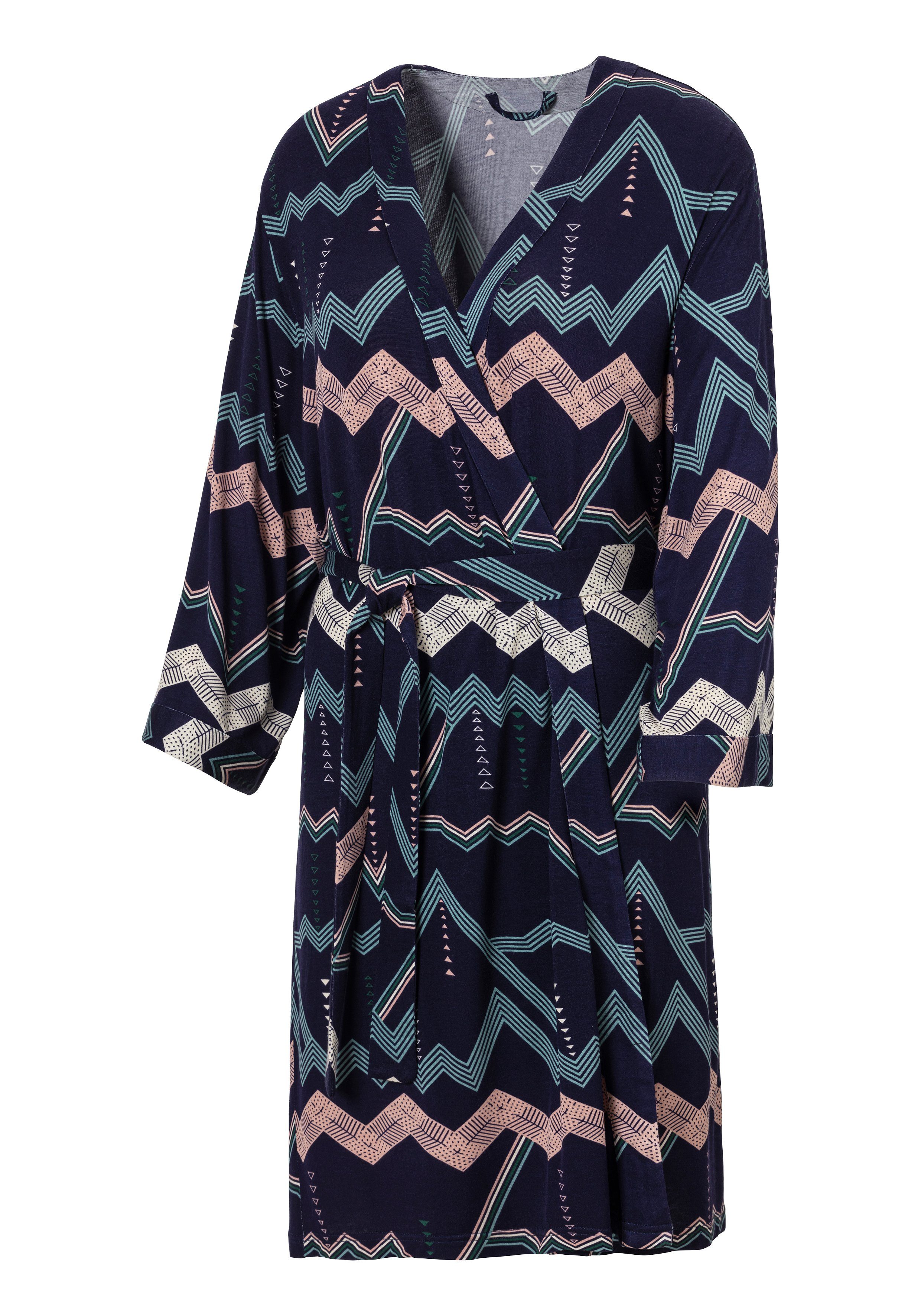 grafischem Kimono, dunkelblau Viskose, mit Zick-Zack Kurzform, Muster Gürtel, LASCANA