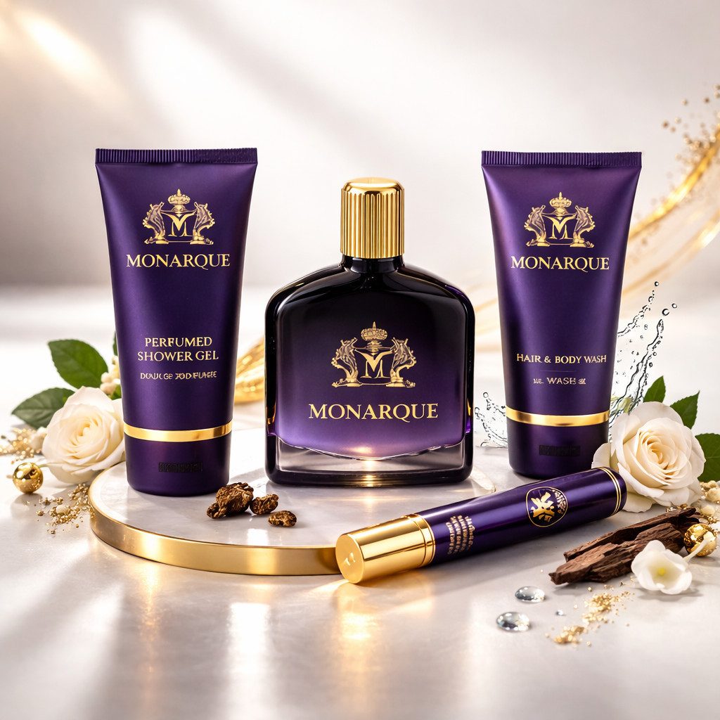 Fine Perfumery London Pflege-Geschenkset Monarque Pour Homme 4-tlg. Herren Duftset: EdP, Duschgel, Aftershave, 4-tlg., Hergestellt in UK, Geschenkset, Zitrisch  – Bild 4 von 5