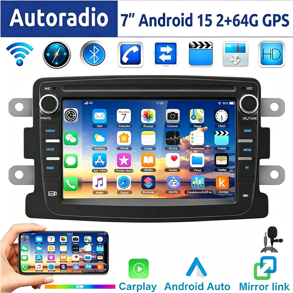 ESSGOO 7" Android 15 Für Renault Captur Dacia Duster Dokker Logan Sandero Autoradio (RDS, 2+64GB(optional), FM, DAB+ (optional), GPS Navi Carplay Android Auto Bluetooth EQ USB WIFI Touchscreen SWC)