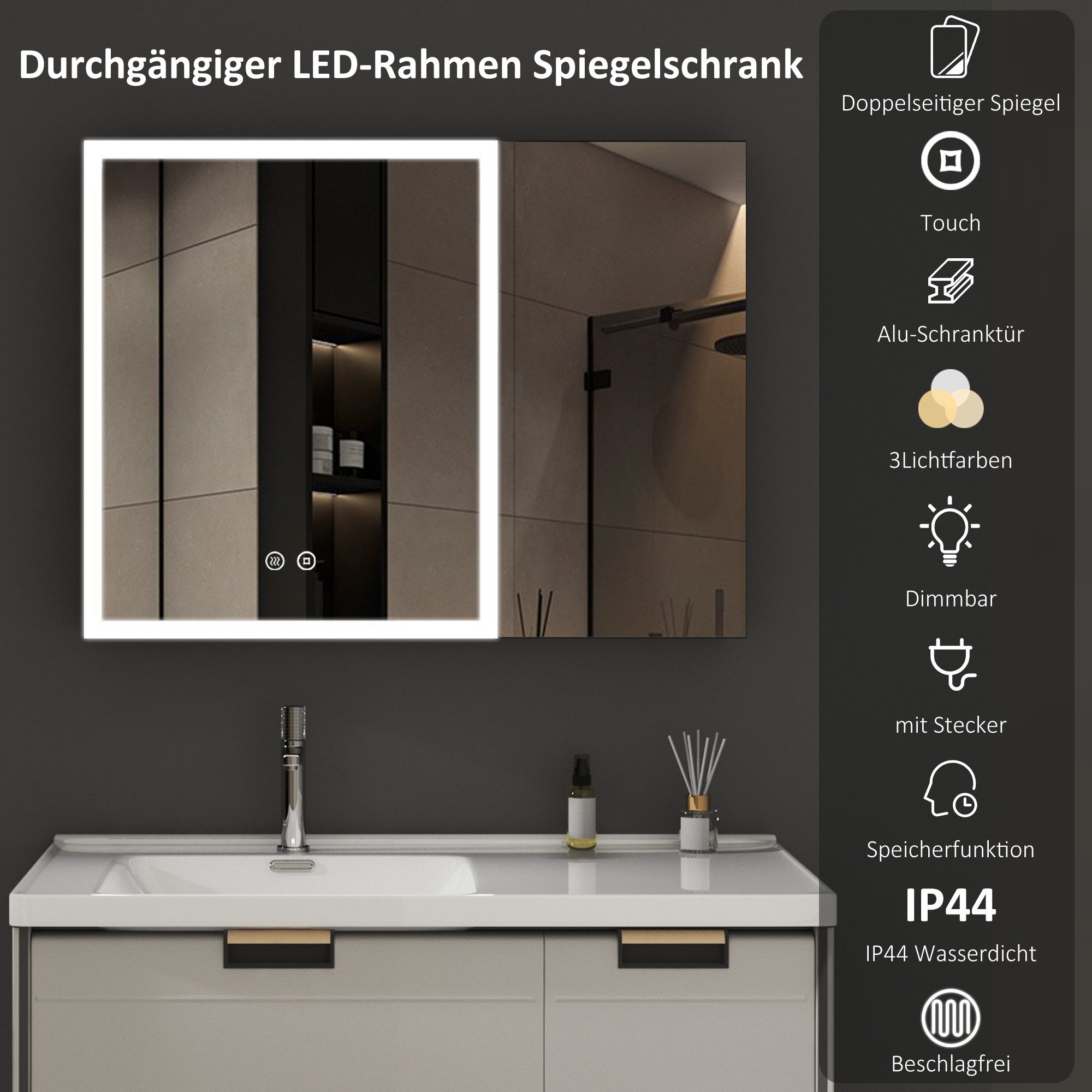 WDWRITTI Spiegelschrank Alu Badezimmer Schrank LED Spiegelschrank 3Lichtmodi dimmbar (Badezimmerspiegelschrank Schwarz matt 2-türig, 80x12,5x60cm) Doppelspiegel, vormontiert geliefert
