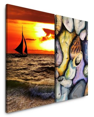 Sinus Art Leinwandbild »2 Bilder je 60x90cm Segelboot Meer Muscheln Malerisch Abendröte roter Himmel Sonnenuntergang«