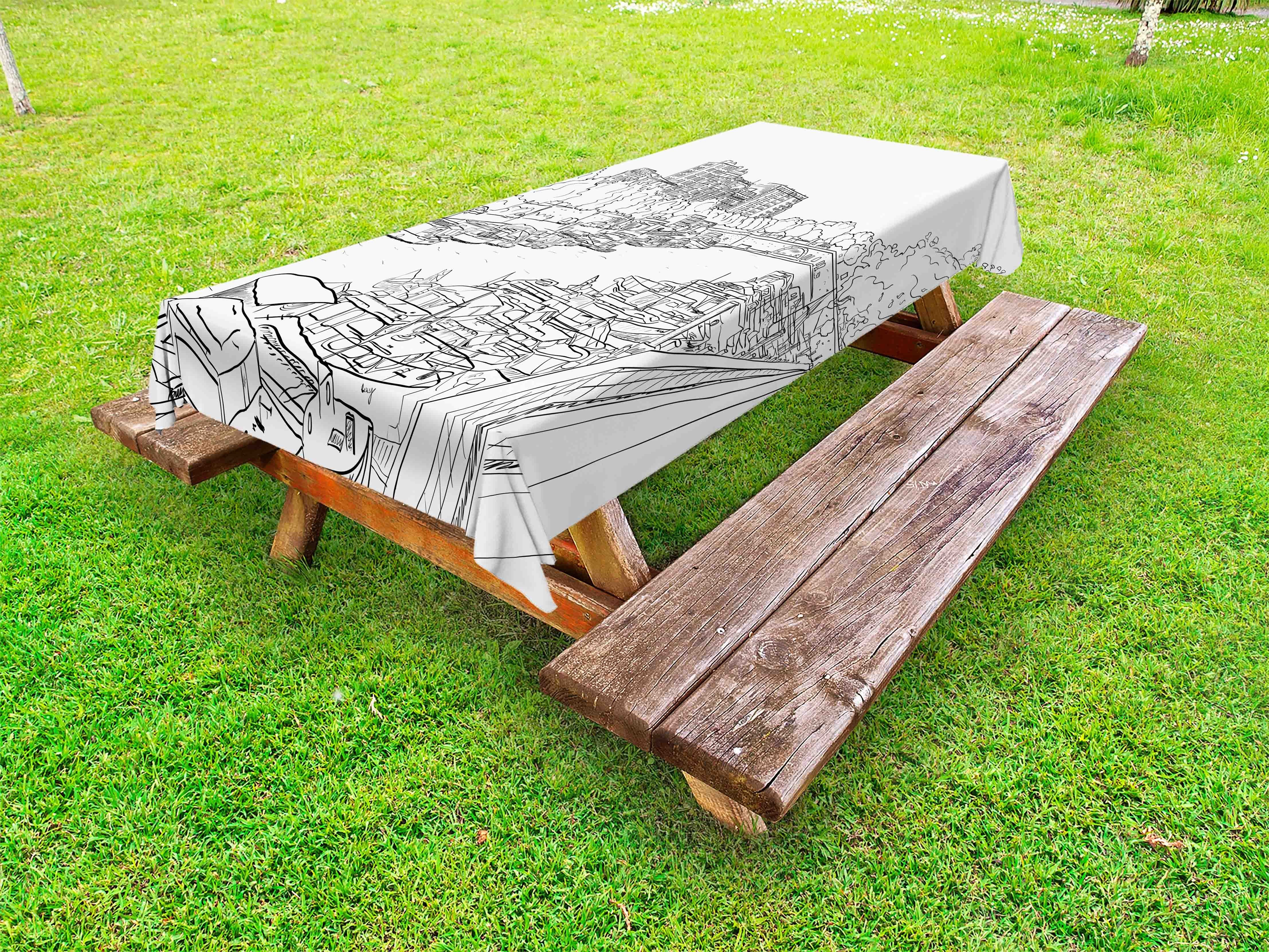 Abakuhaus Tischdecke dekorative waschbare Picknick-Tischdecke, Stadt Linie Kunst-Fluss Boote und Bäume