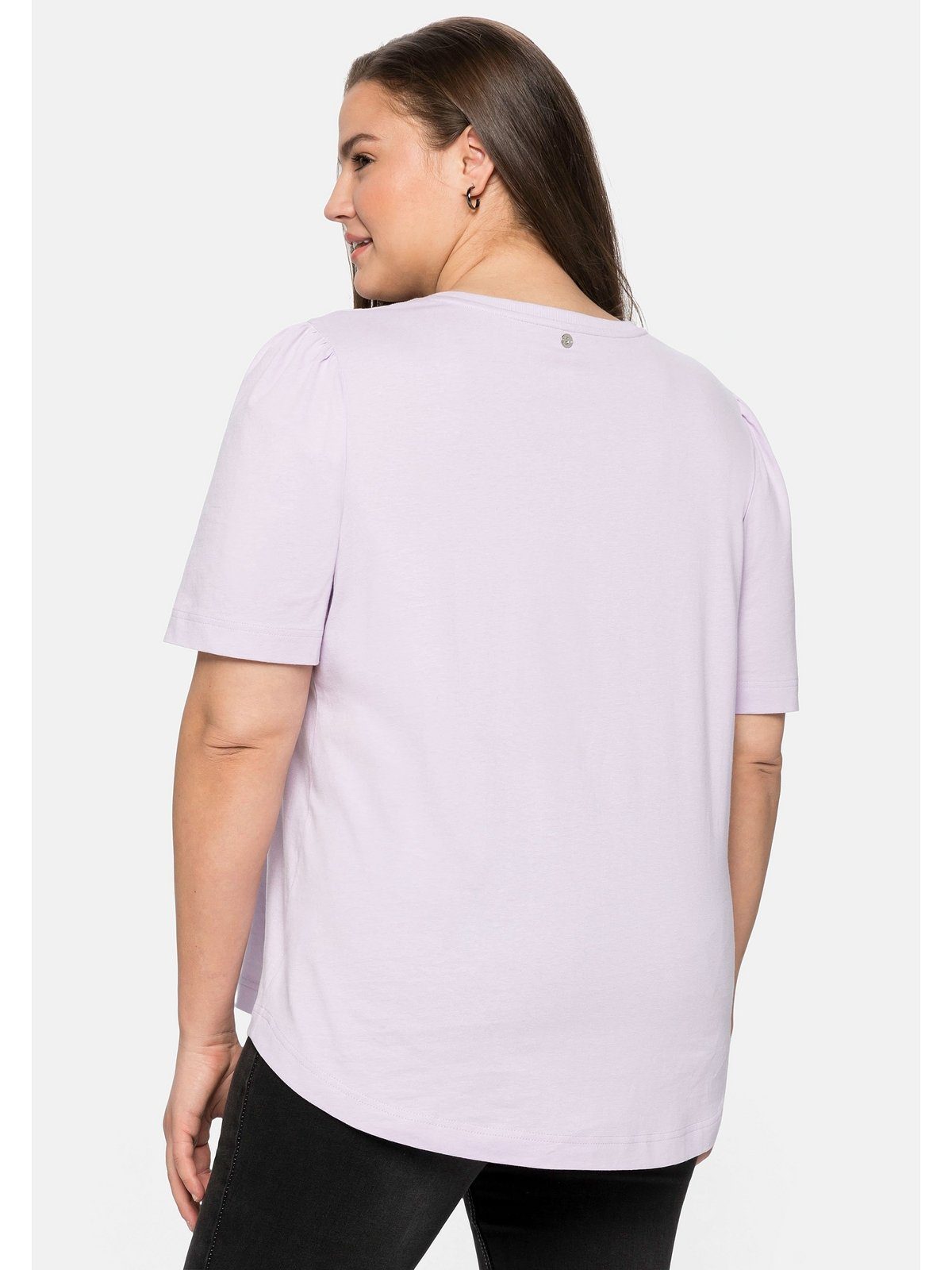 Große aus Frontdruck lavendel mit T-Shirt Sheego Baumwolle Größen