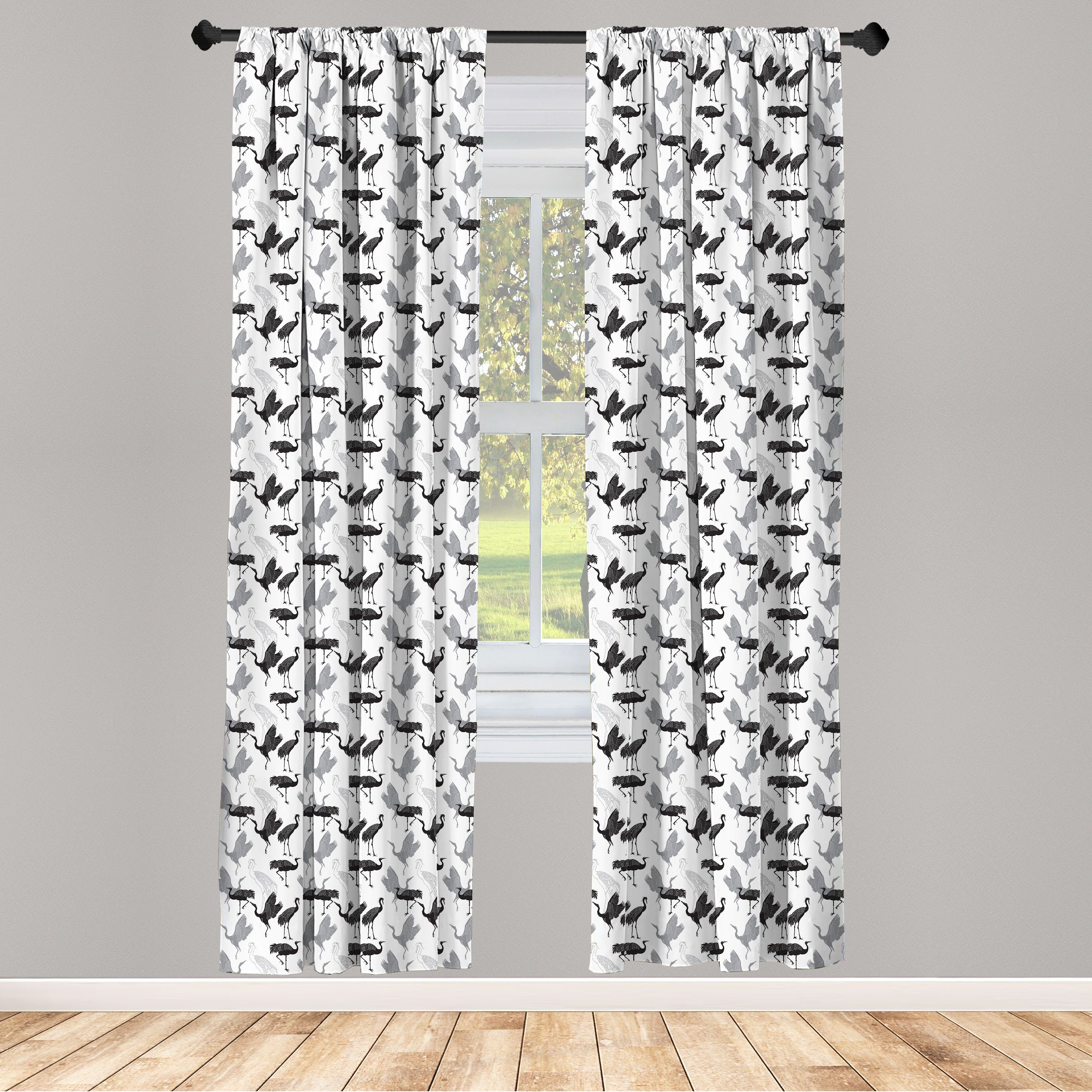 Gardine Vorhang für Wohnzimmer Microfaser, Schlafzimmer Vögel Dekor, Kran Silhouetten Grafik-Design Abakuhaus