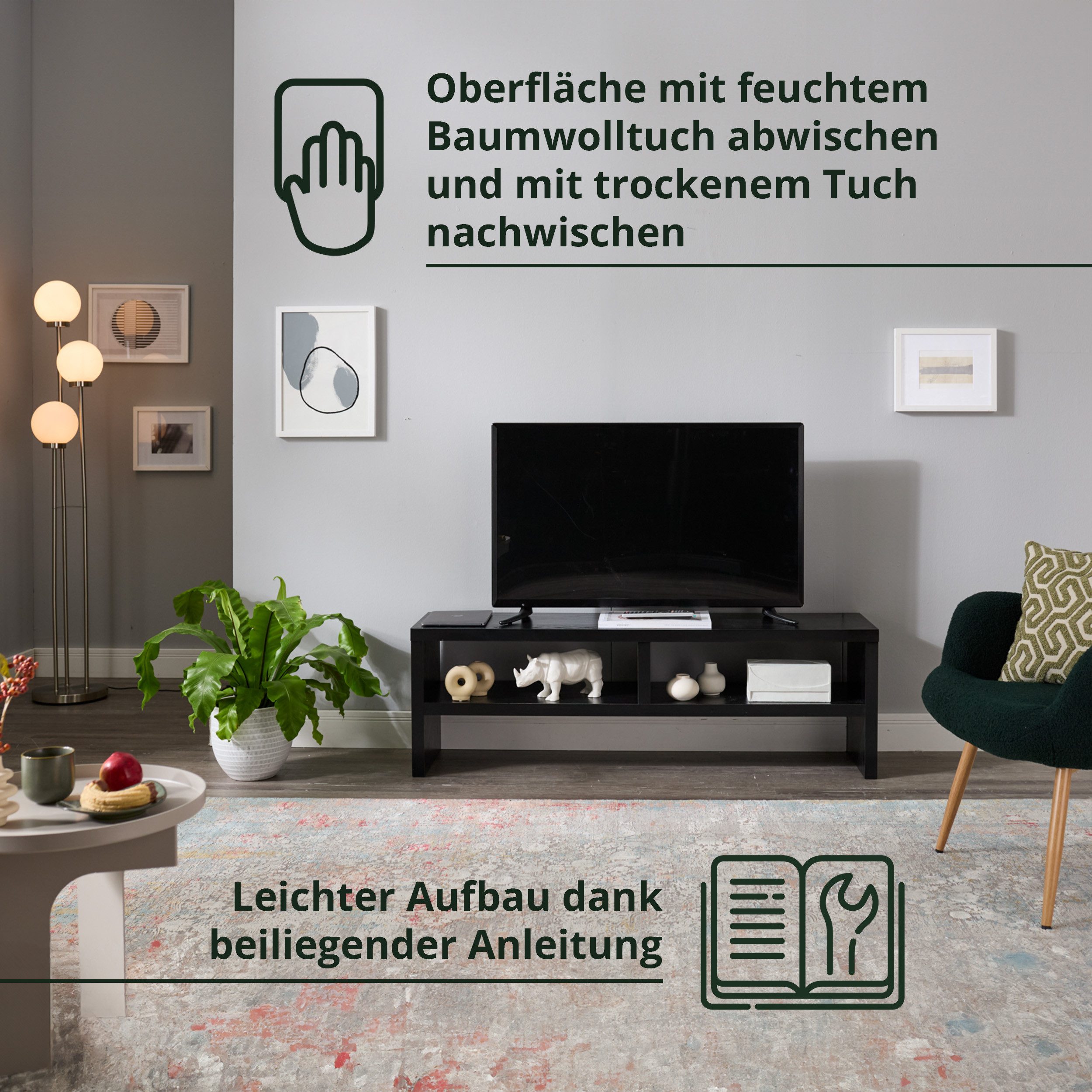 KHG TV-Board TV-Schrank Schwarz mit 2 offenen Fächern 140x45x35 cm (Kompaktes Lowboard mit viel Stauraum, stabile Konstruktion, 1 St., Kabelmanagement durch off – Bild 5 von 5