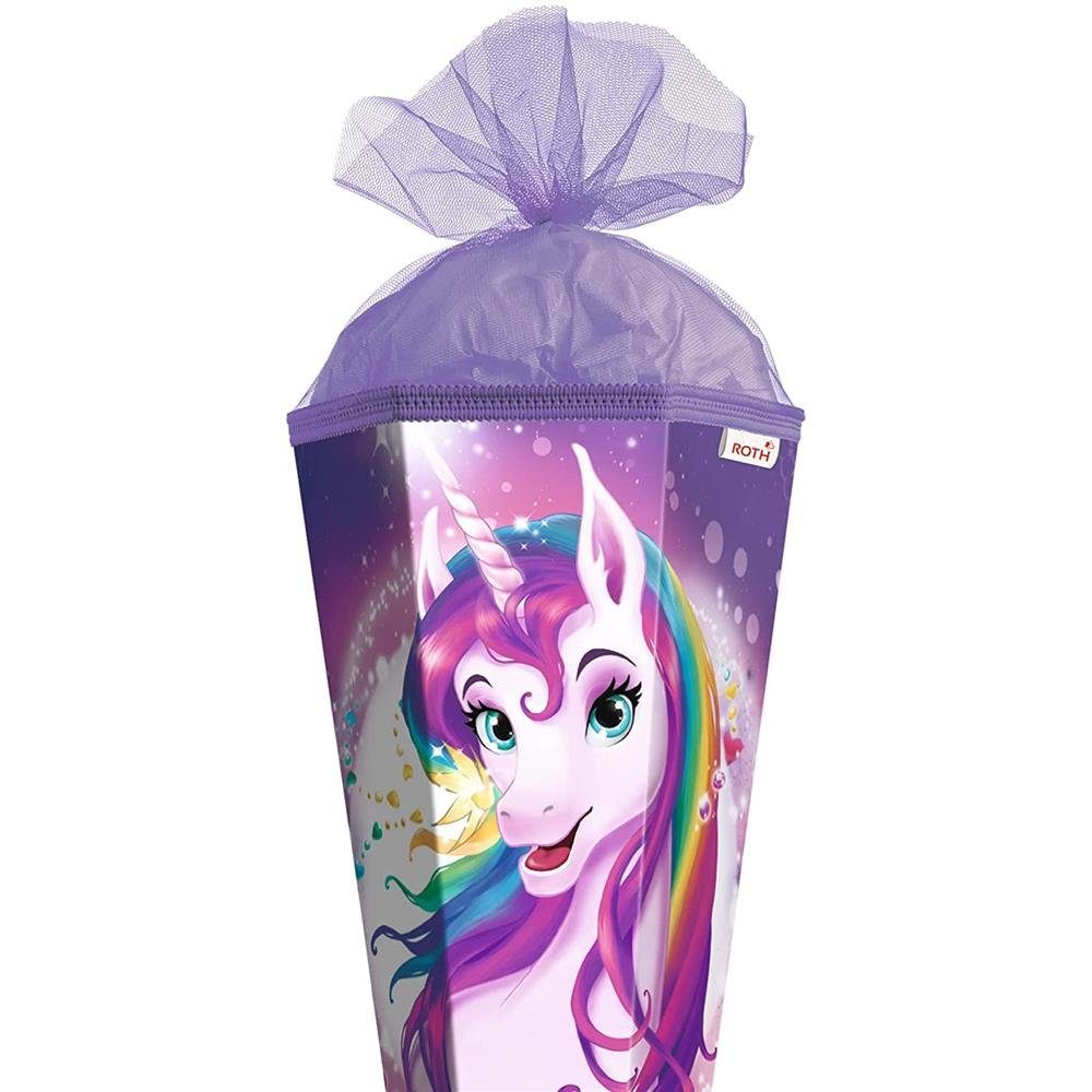 Roth Schultüte Einhornportrait, 85 cm, eckig, lilafarbiger Tüllverschluss, Zuckertüte für Schulanfang