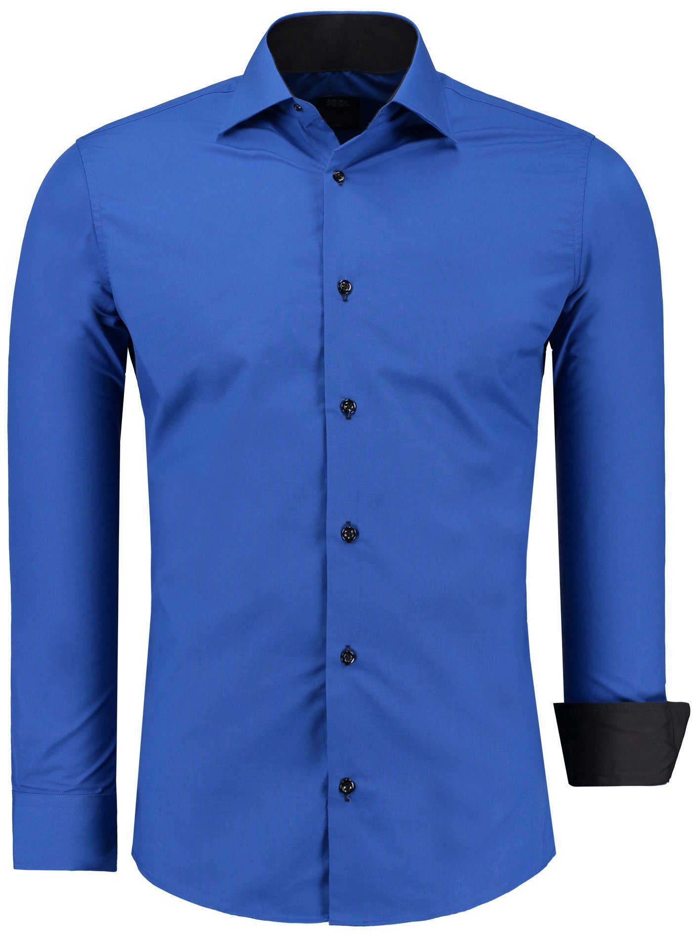 JEEL Businesshemd JH12105 Slim Fit Langarm Herren Hemd mit farblich abgesetzten Elementen, Langarm Kentkragen Uni Saxblau