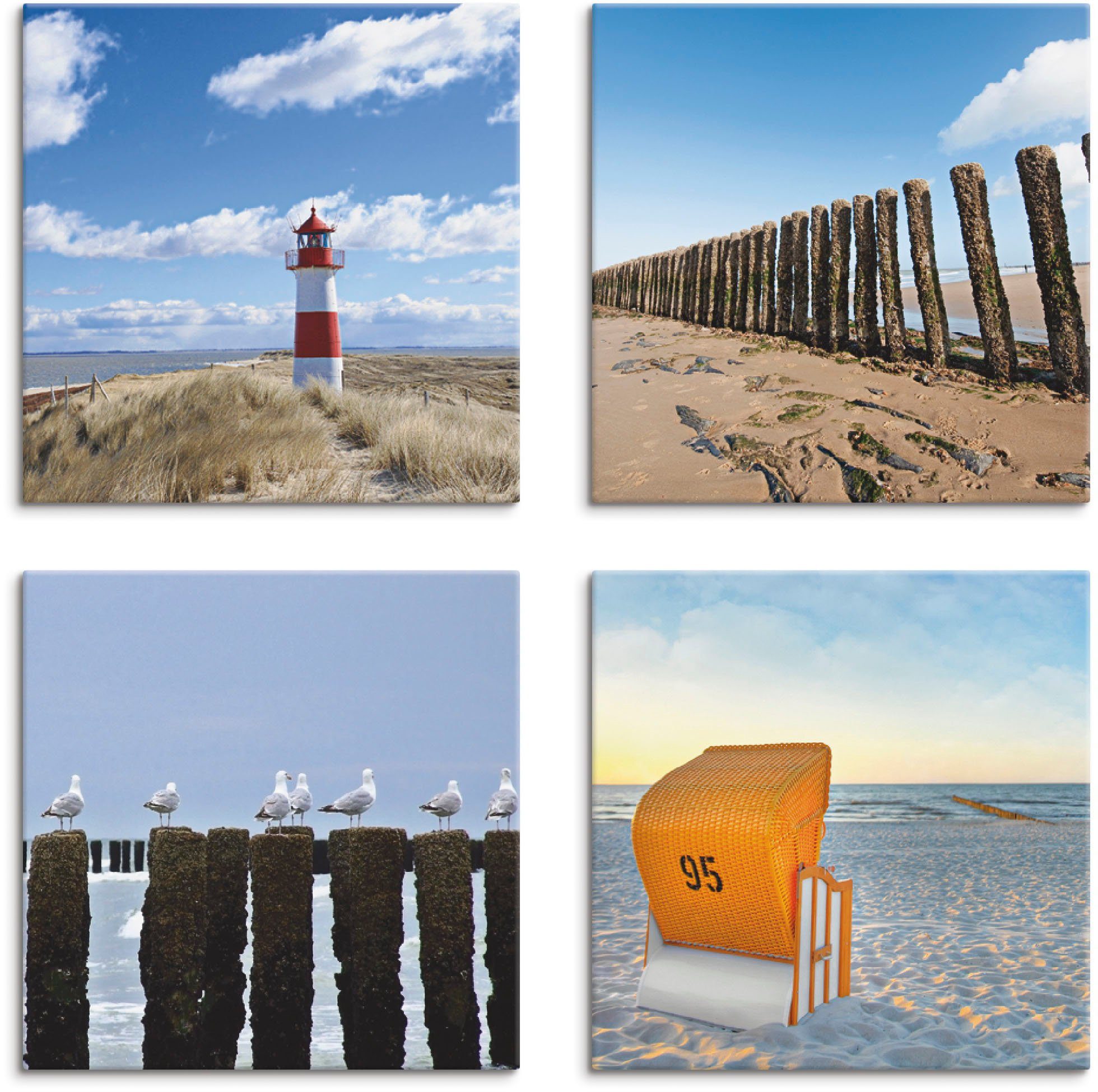 Artland Leinwandbild Leuchtturm Sylt Strand Möven Strandkorb, Strand (4 St), 4er Set, verschiedene Größen