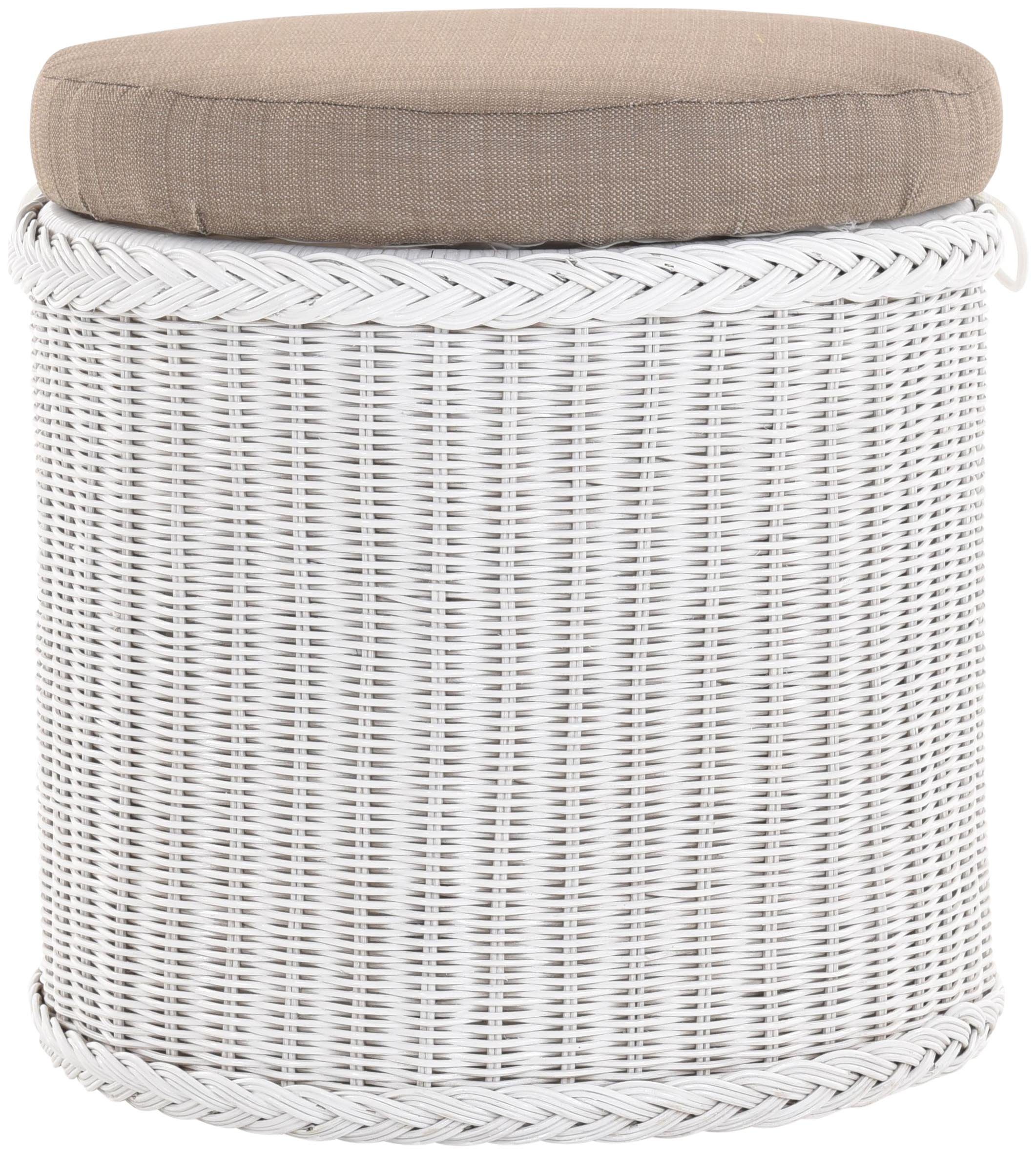 Krines Home Wäschekorb Rattan Sitzhocker mit Stauraum Rund Badhocker Sitz gepolstert Deckel, mit gepolstertem Deckel, mit herausnehmbarem Inlett Weiss