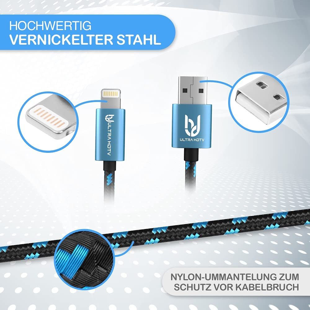 UltraHDTV [Apple MFi zertifiziert] USB - Lightning Kabel mit Nylon Mantel Lightningkabel, (1000 cm), kompatibel mit Apple Geräten mit 8-Pin Lightningkabel Ansch – Bild 2 von 5