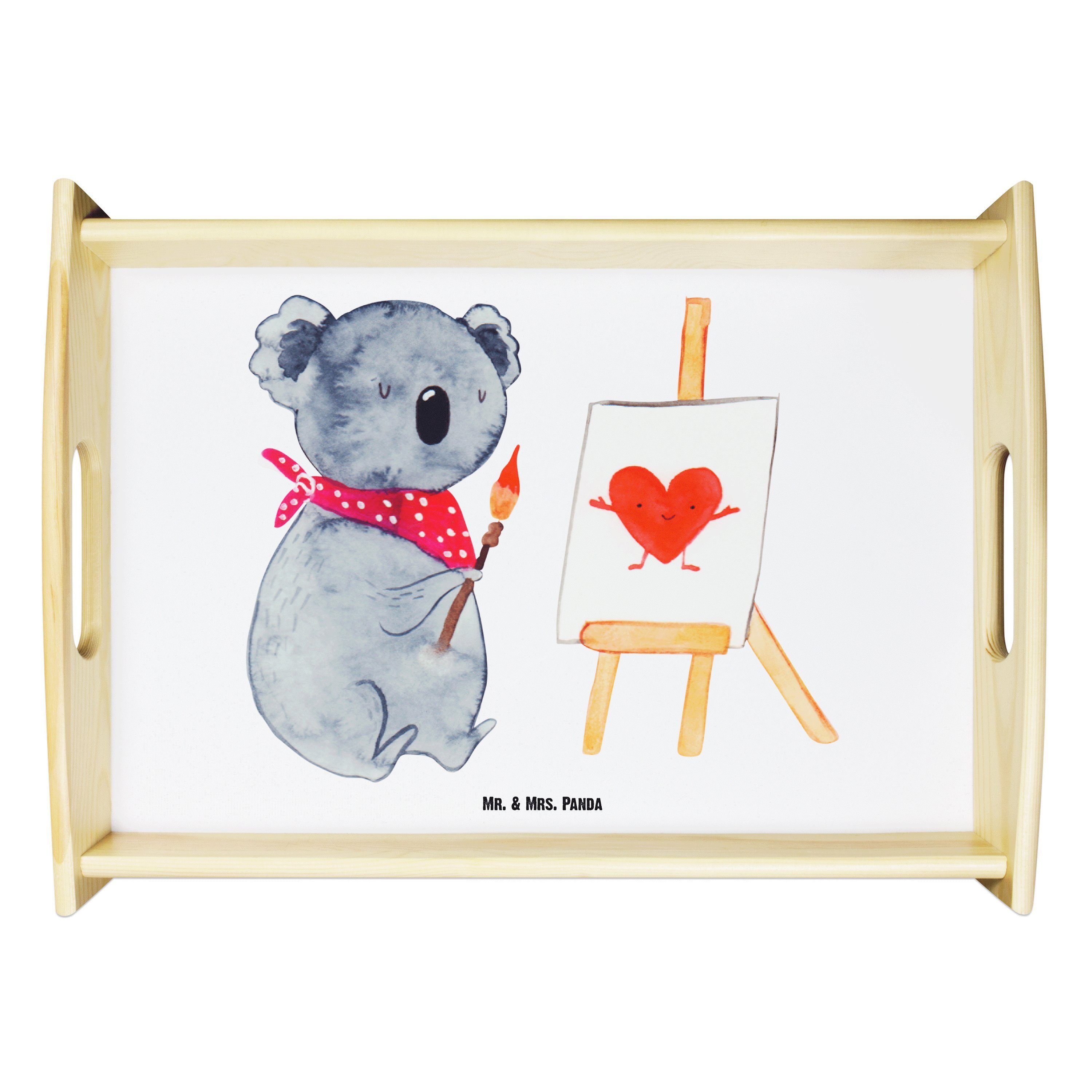Mr. & Mrs. Panda Tablett Koala Künstler - Weiß - Geschenk, Liebe, Frühstückstablett, Gefühle, Echtholz lasiert, (1-tlg)