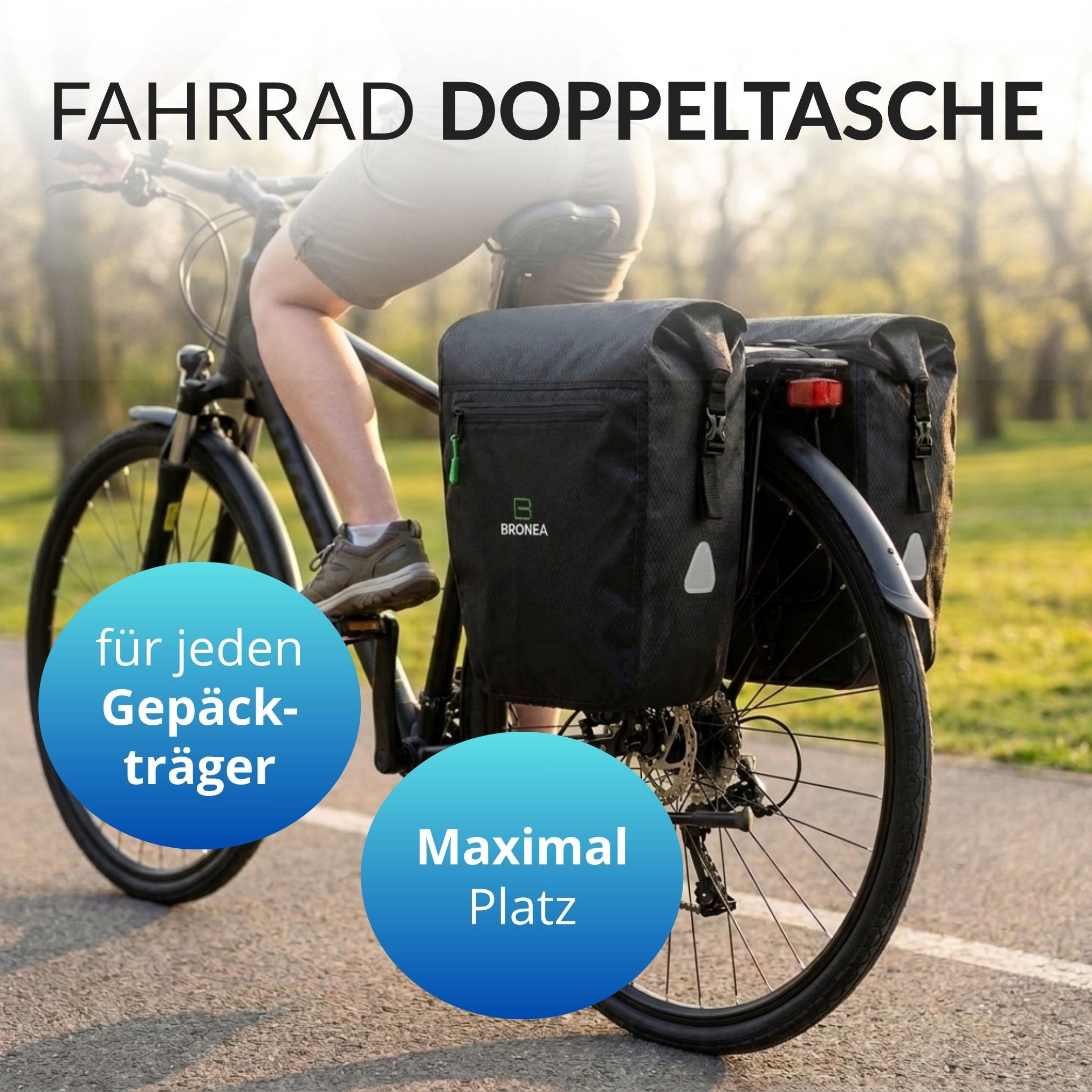 Bronea Fahrradtasche Doppel Fahrradtasche für Gepäckträger hinten 40 L (2x20 L) (Fahrrad Gepäckträgertasche, XXL-Fahrradtaschen für E-Bike & Fahrrad), 100% Wasserdicht, Refelektierende Elemente - Befestigung verstellbar